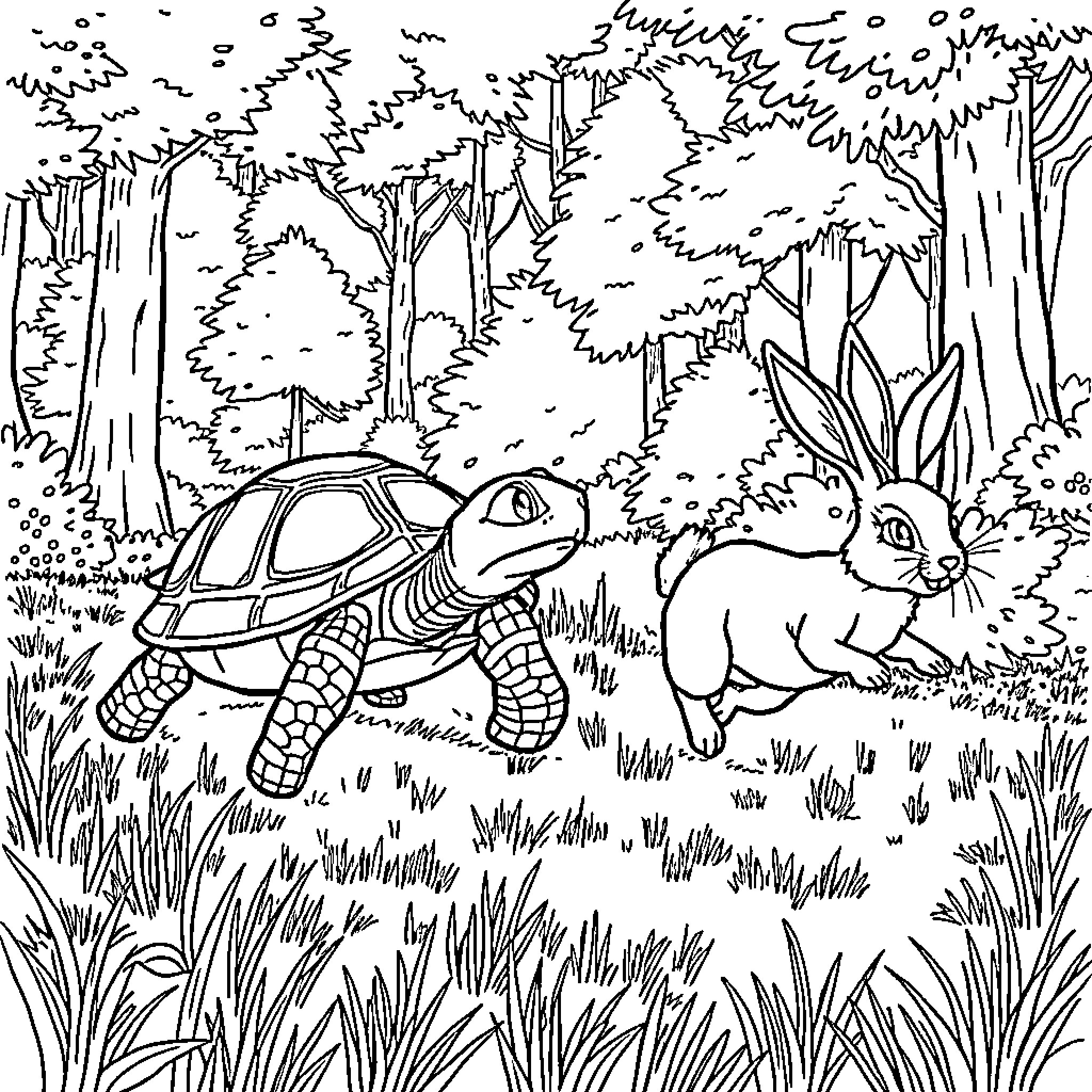 Turtle and rabbit exploring the forest Coloring Page (free black-and-white line drawing printable PDF for all, from beginners to advanced learners, including children, teens, adults, and seniors)