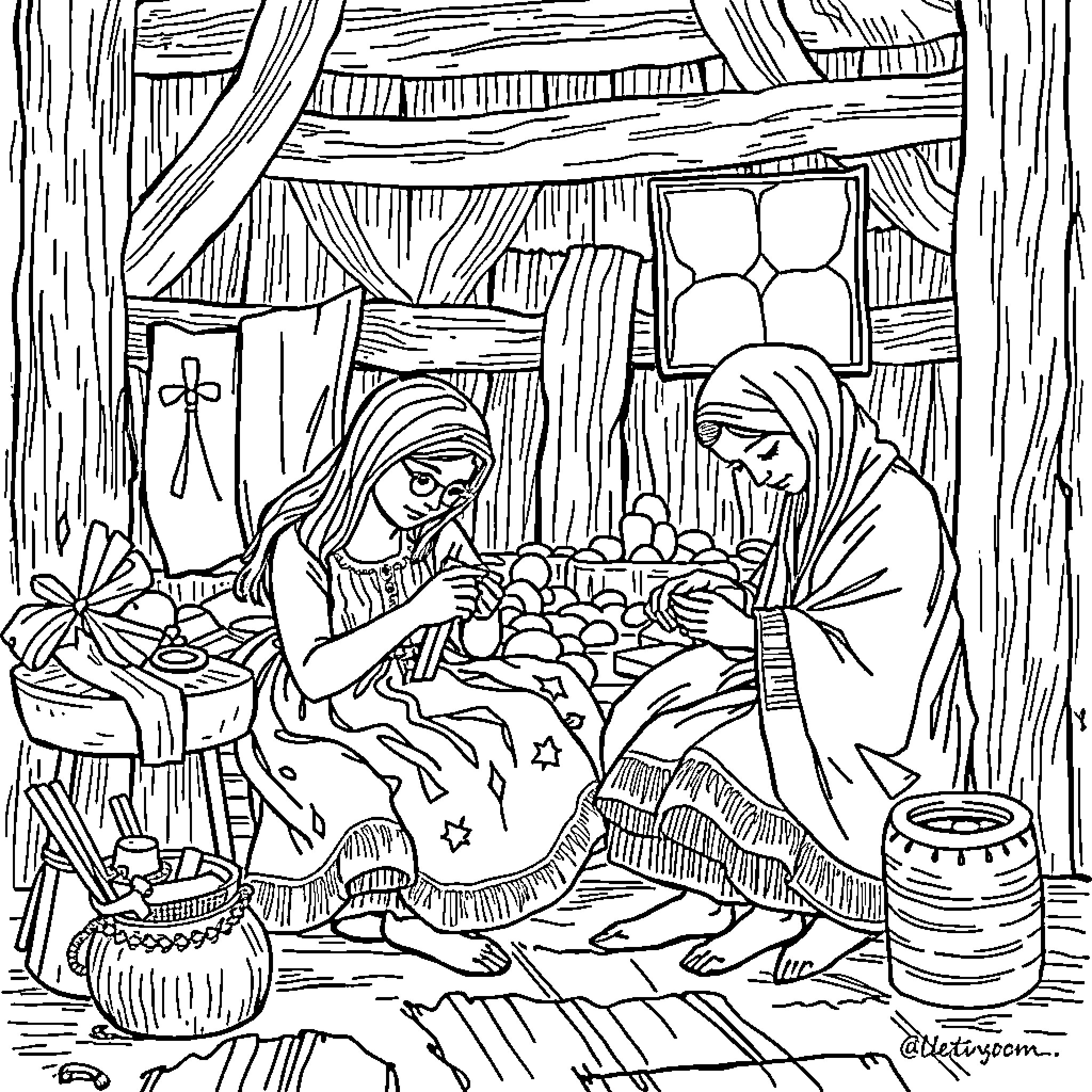 New England Colony: Women Weaving and Sewing Together Coloring Page (free black-and-white line drawing printable PDF for all, from beginners to advanced learners, including children, teens, adults, and seniors)