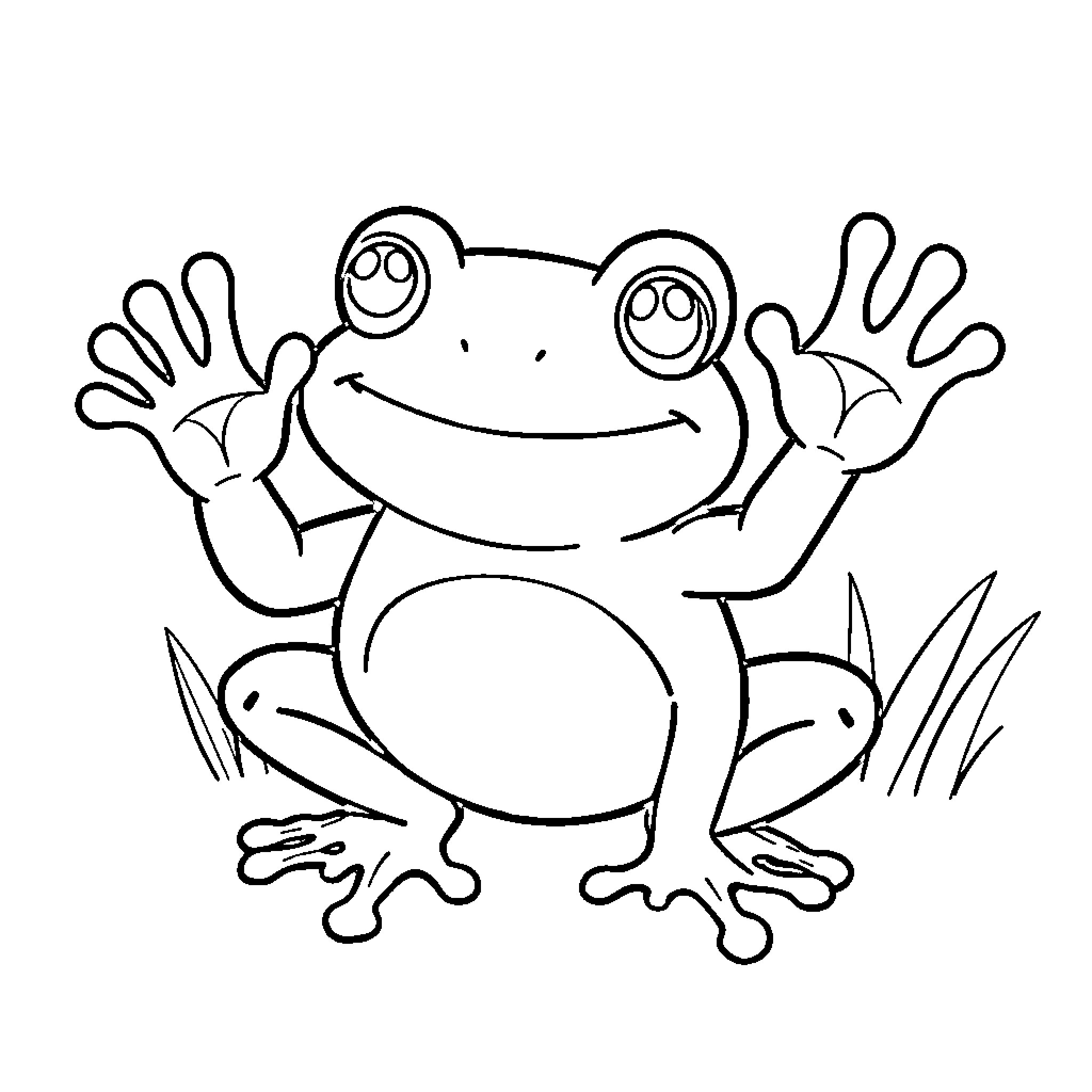 Frog waving happily in the grass Coloring Page (free black-and-white line drawing printable PDF for all, from beginners to advanced learners, including children, teens, adults, and seniors)