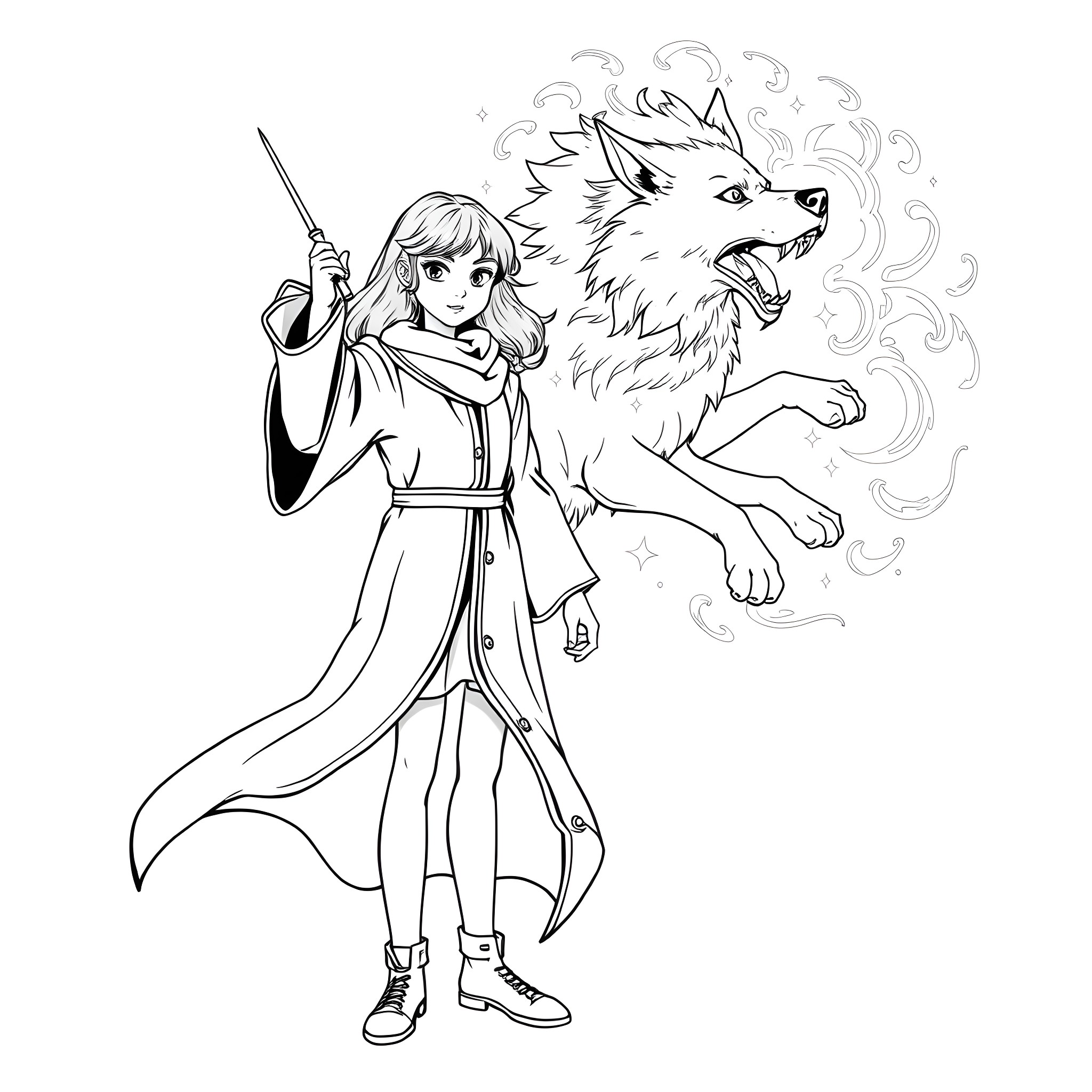 Teen Girl Adventuring with her Wolf Companion Coloring Page (free black-and-white line drawing printable PDF for all, from beginners to advanced learners, including children, teens, adults, and seniors)