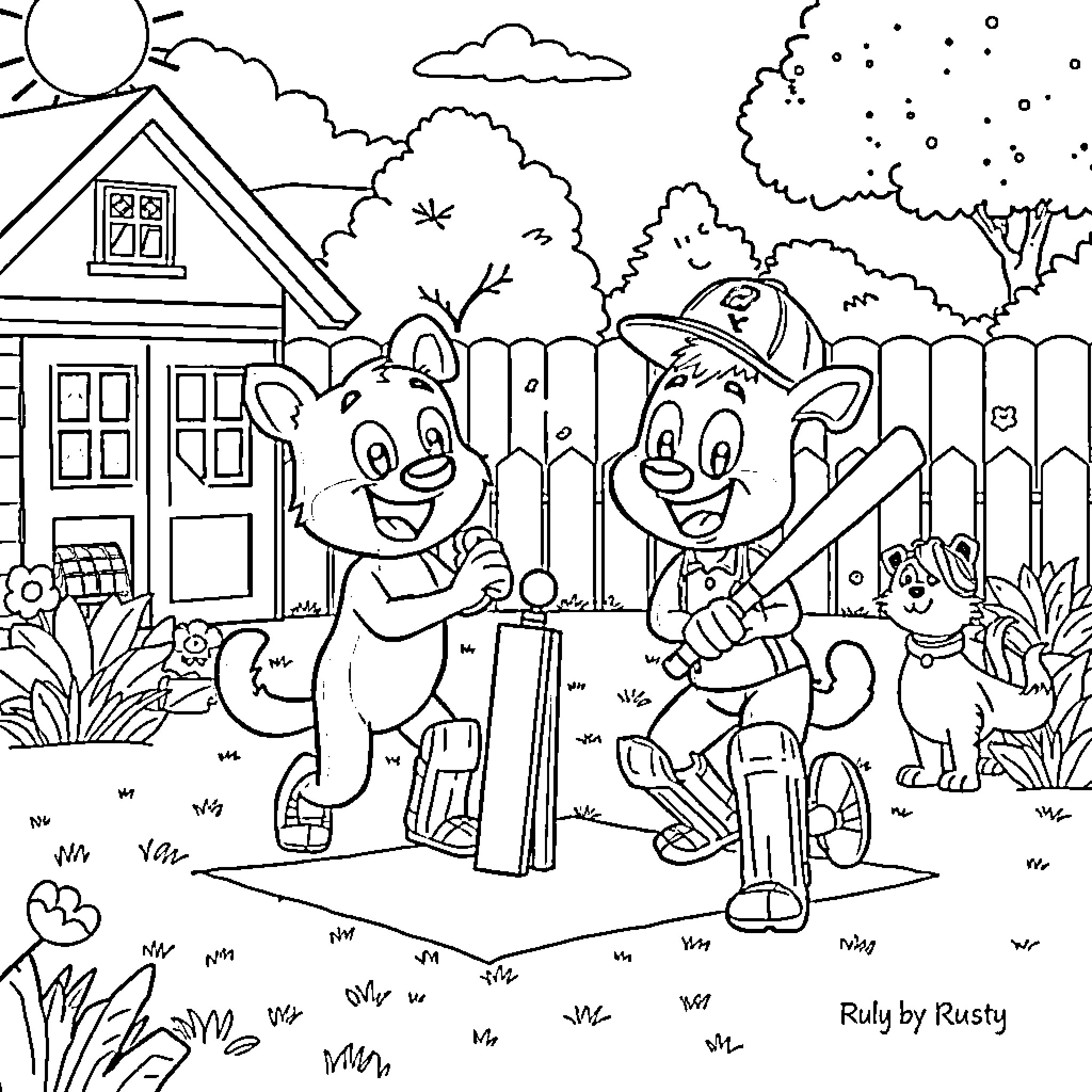 Bluey's backyard adventure with Rusty Coloring Page (free black-and-white line drawing printable PDF for all, from beginners to advanced learners, including children, teens, adults, and seniors)