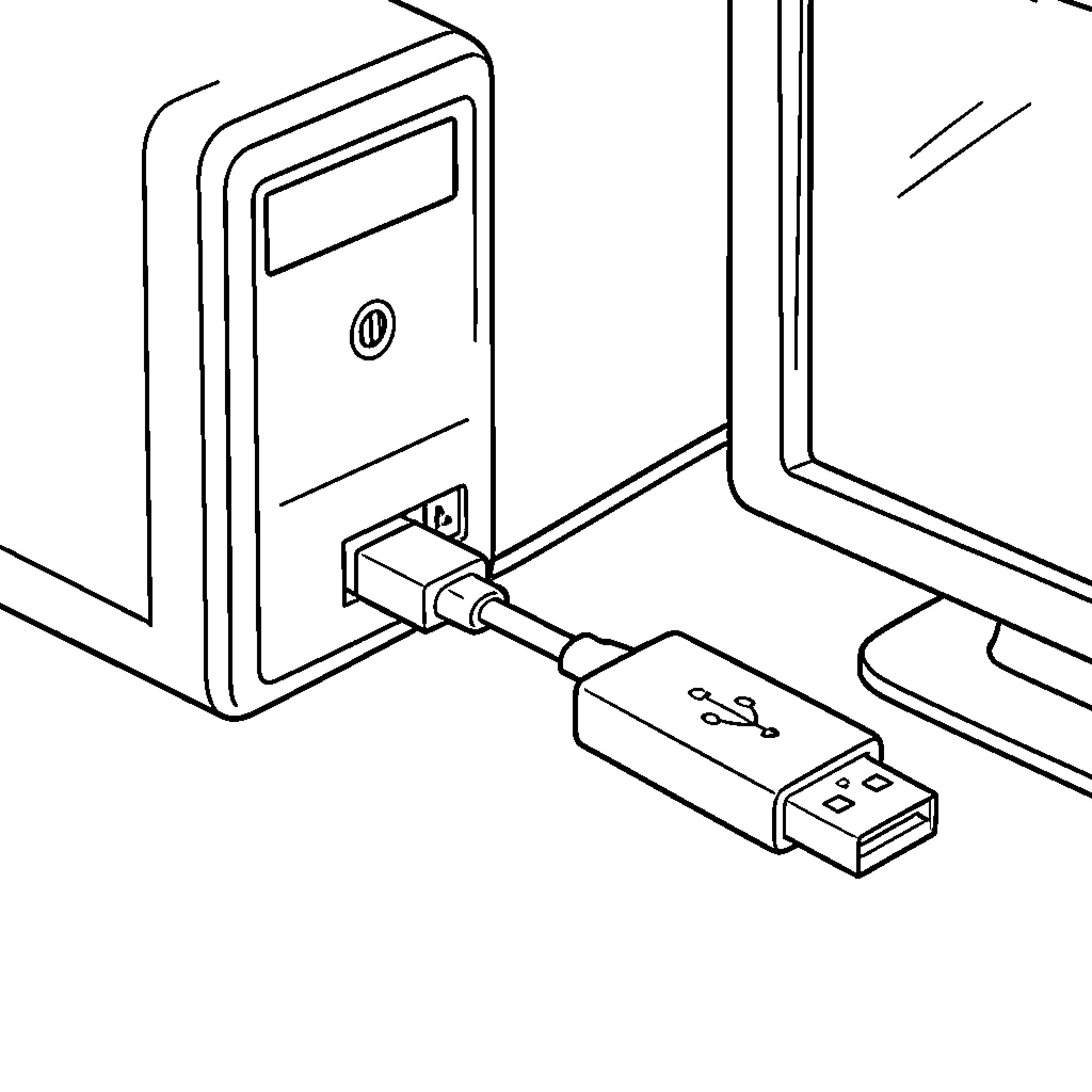 USB cable being plugged into a computer tower Coloring Page (free black-and-white line drawing printable PDF for all, from beginners to advanced learners, including children, teens, adults, and seniors)