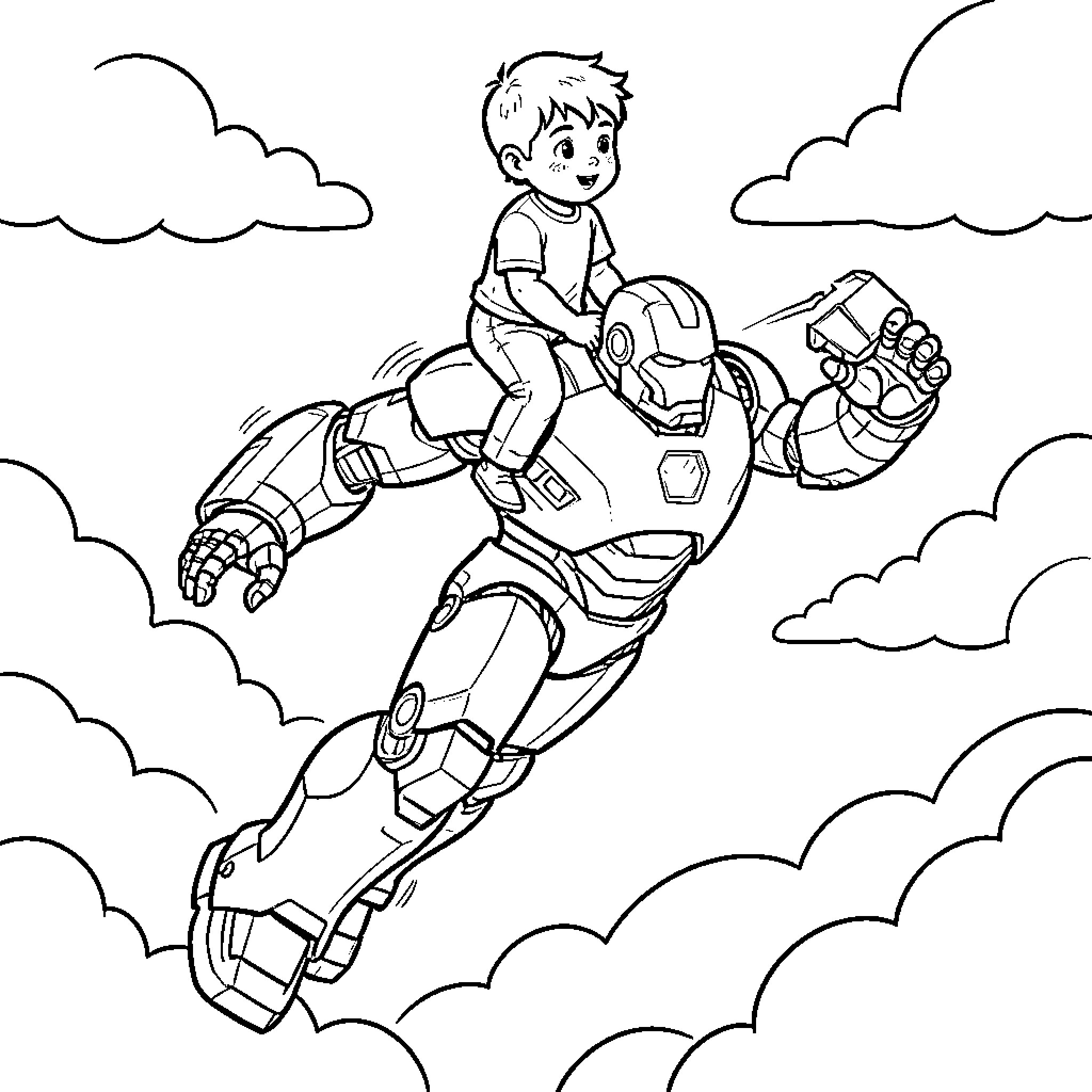 Iron Man character flying through the clouds Coloring Page (free black-and-white line drawing printable PDF for all, from beginners to advanced learners, including children, teens, adults, and seniors)