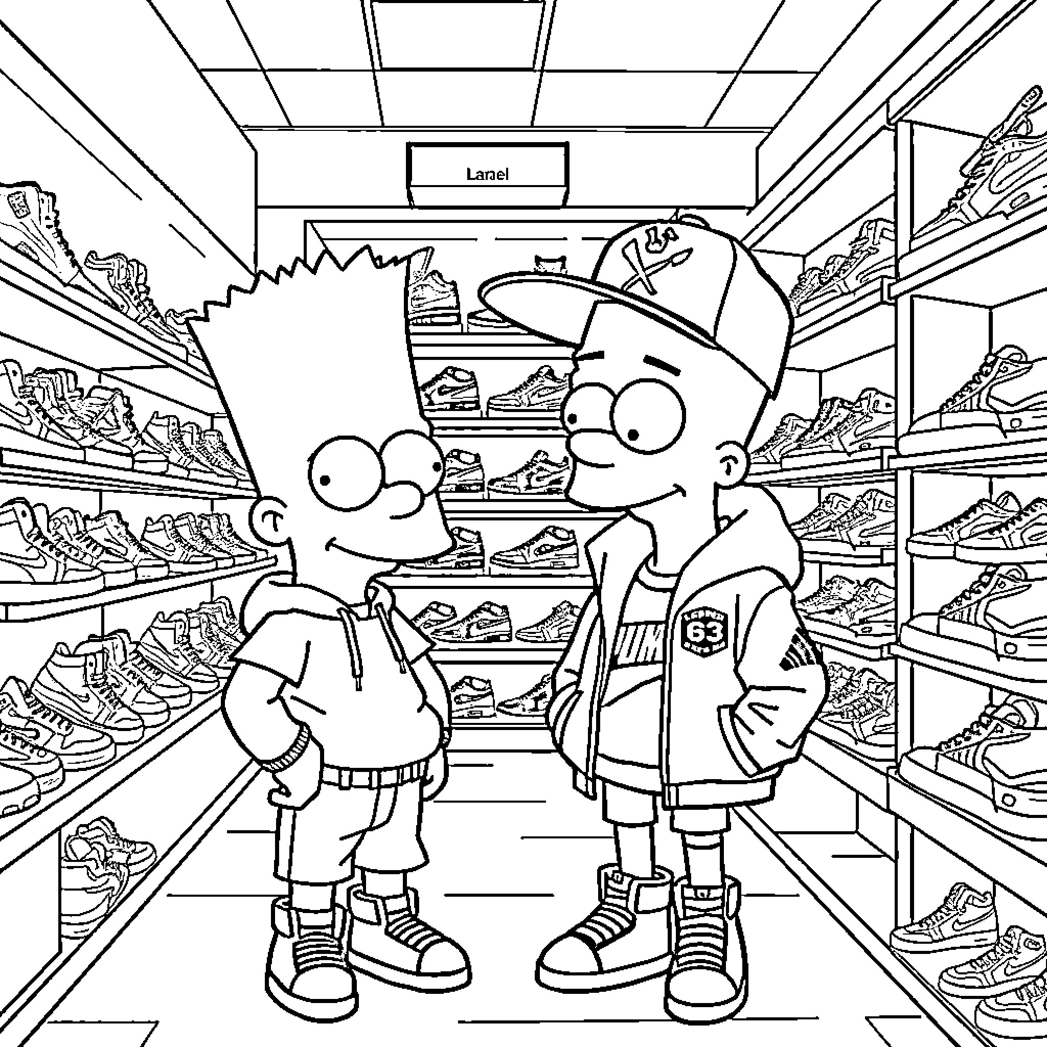 Bart Simpson and friends explore the shoe store Coloring Page (free black-and-white line drawing printable PDF for all, from beginners to advanced learners, including children, teens, adults, and seniors)