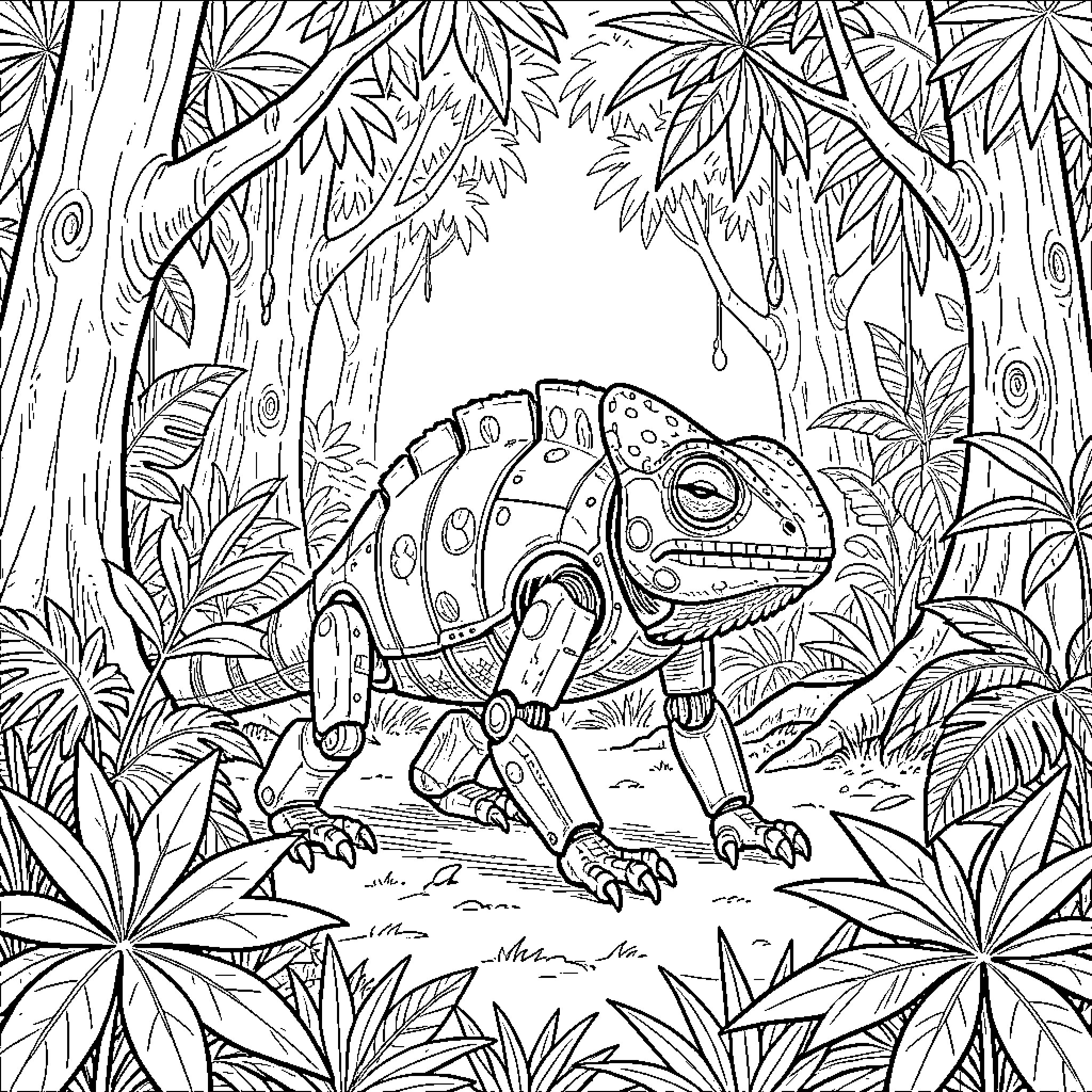 Robot chameleon walking through a lush jungle Coloring Page (free black-and-white line drawing printable PDF for all, from beginners to advanced learners, including children, teens, adults, and seniors)