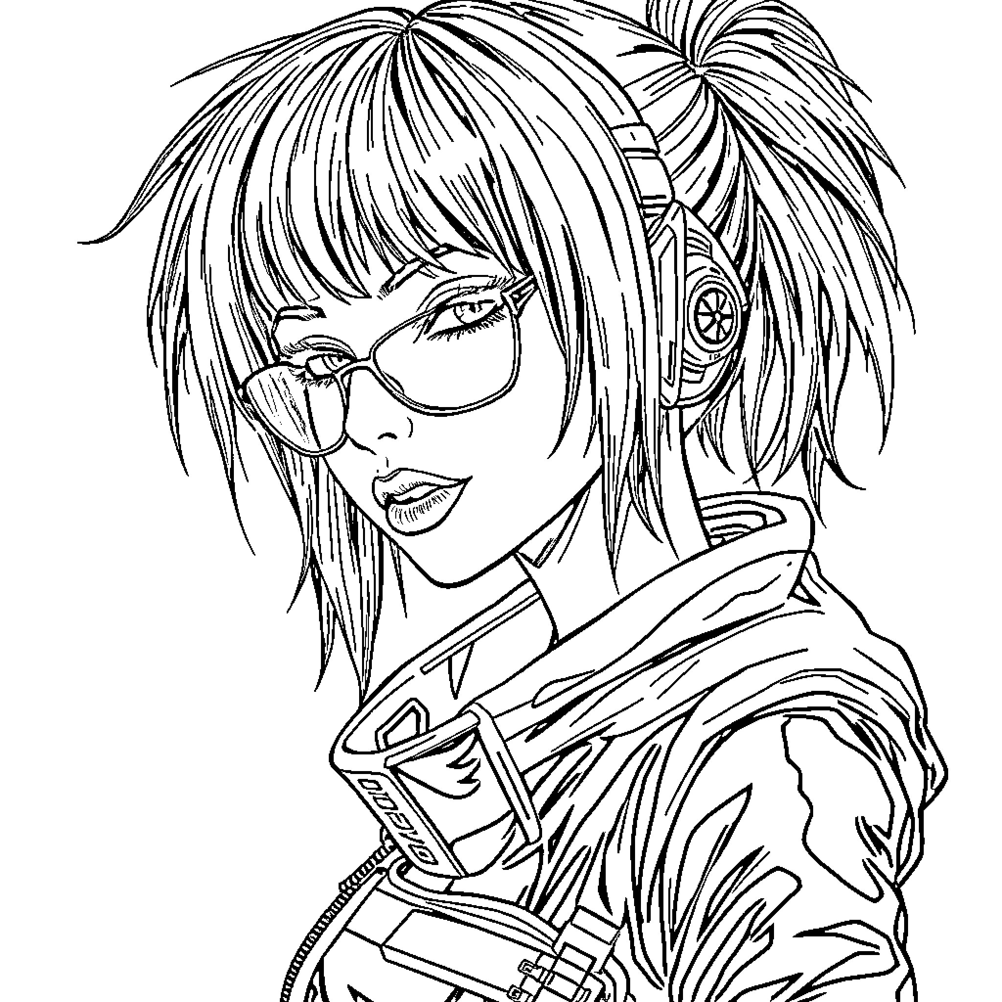 Woman with unique hairstyle and glasses Coloring Page (free black-and-white line drawing printable PDF for all, from beginners to advanced learners, including children, teens, adults, and seniors)