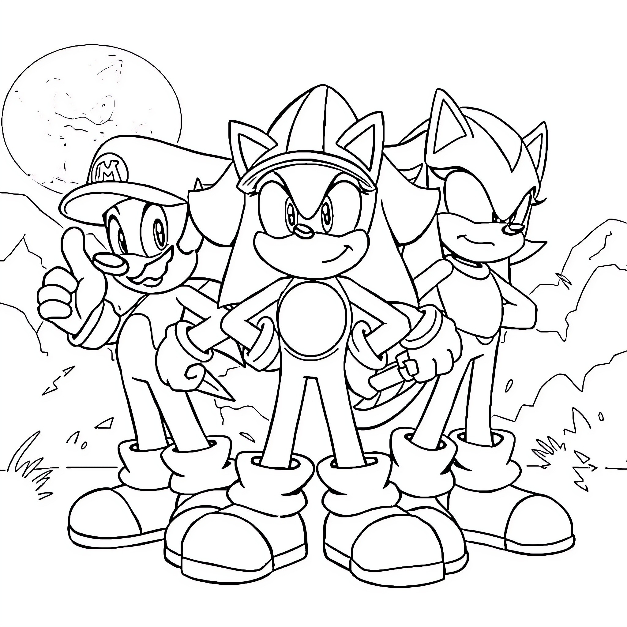 Sonic characters in action-ready poses Coloring Page (free black-and-white line drawing printable PDF for all, from beginners to advanced learners, including children, teens, adults, and seniors)