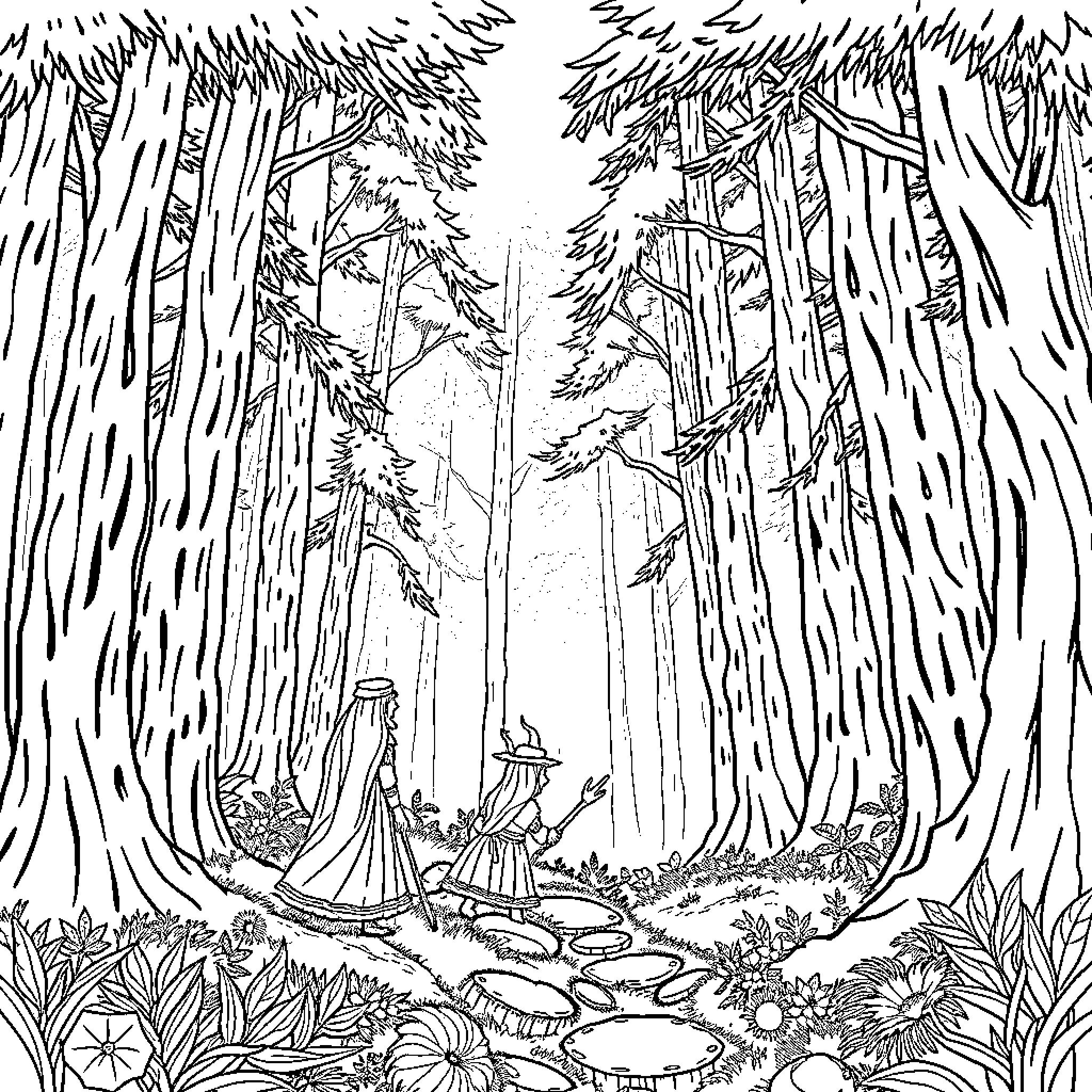 Character exploring the enchanted forest Coloring Page (free black-and-white line drawing printable PDF for all, from beginners to advanced learners, including children, teens, adults, and seniors)