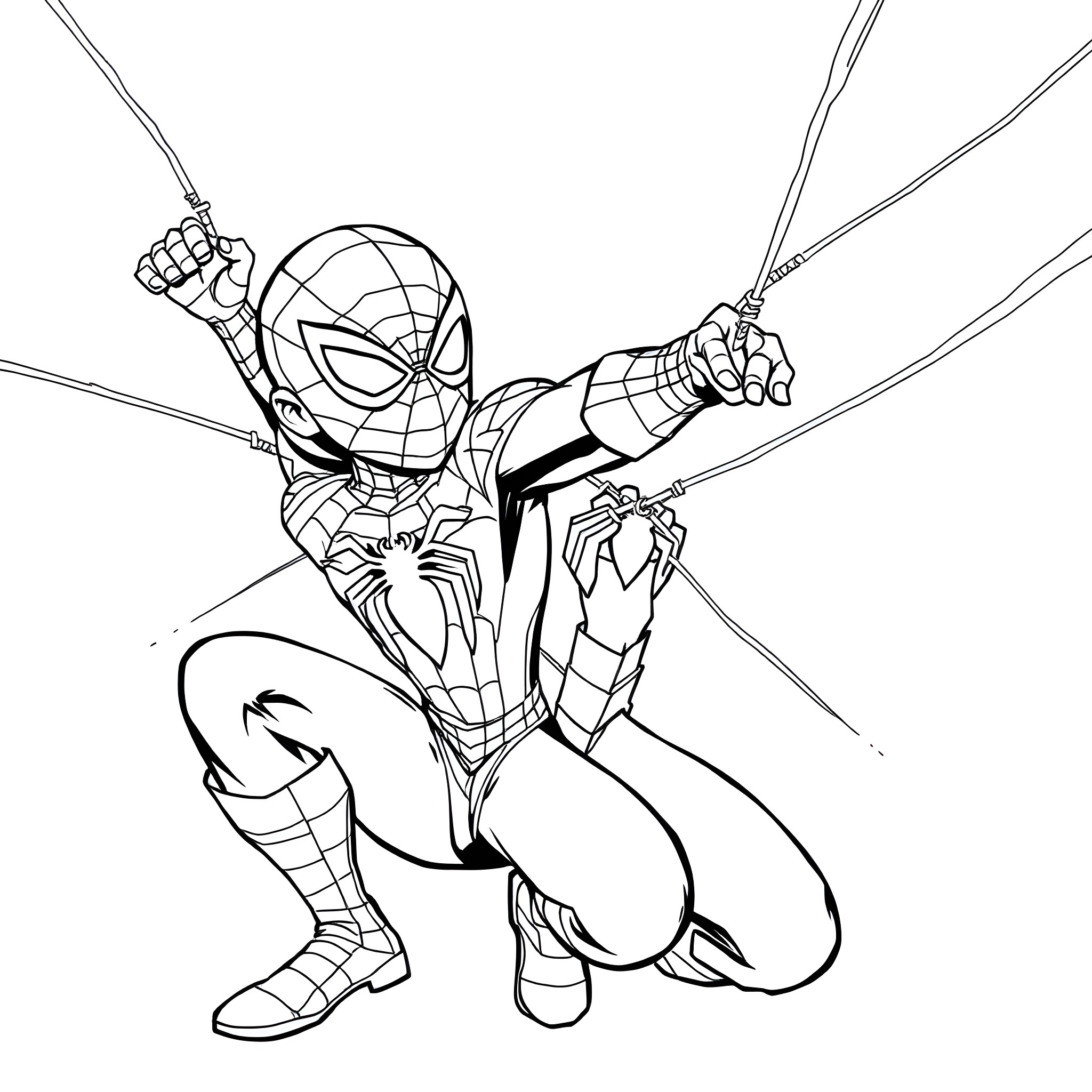 Spiderman swinging and webslinging in action Coloring Page (free black-and-white line drawing printable PDF for all, from beginners to advanced learners, including children, teens, adults, and seniors)