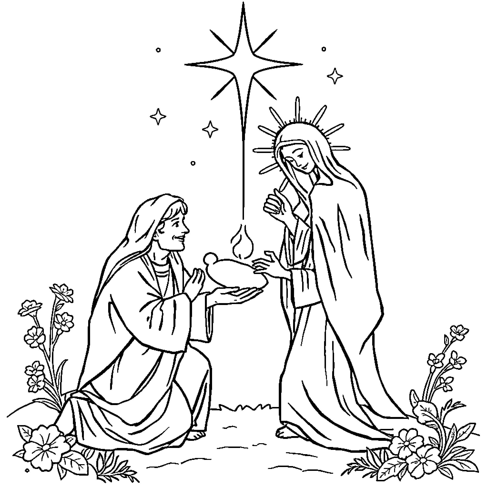 Miraculous Nativity Scene with Radiant Star Coloring Page (free black-and-white line drawing printable PDF for all, from beginners to advanced learners, including children, teens, adults, and seniors)