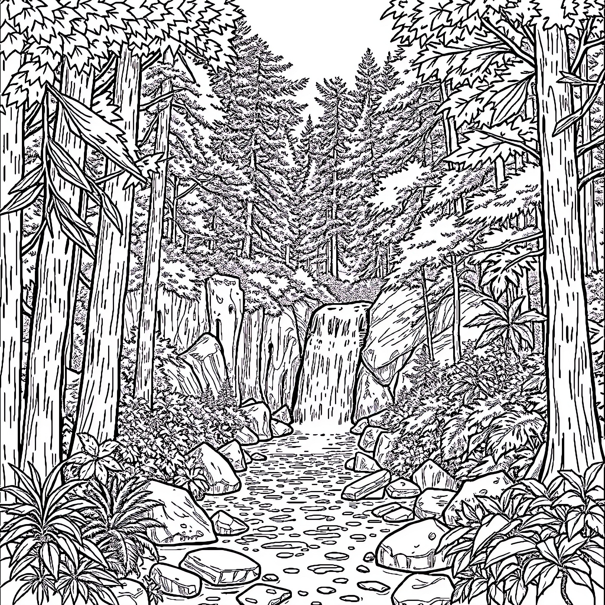 Forest Waterfall Landscape in Monochrome Coloring Page (free black-and-white line drawing printable PDF for all, from beginners to advanced learners, including children, teens, adults, and seniors)