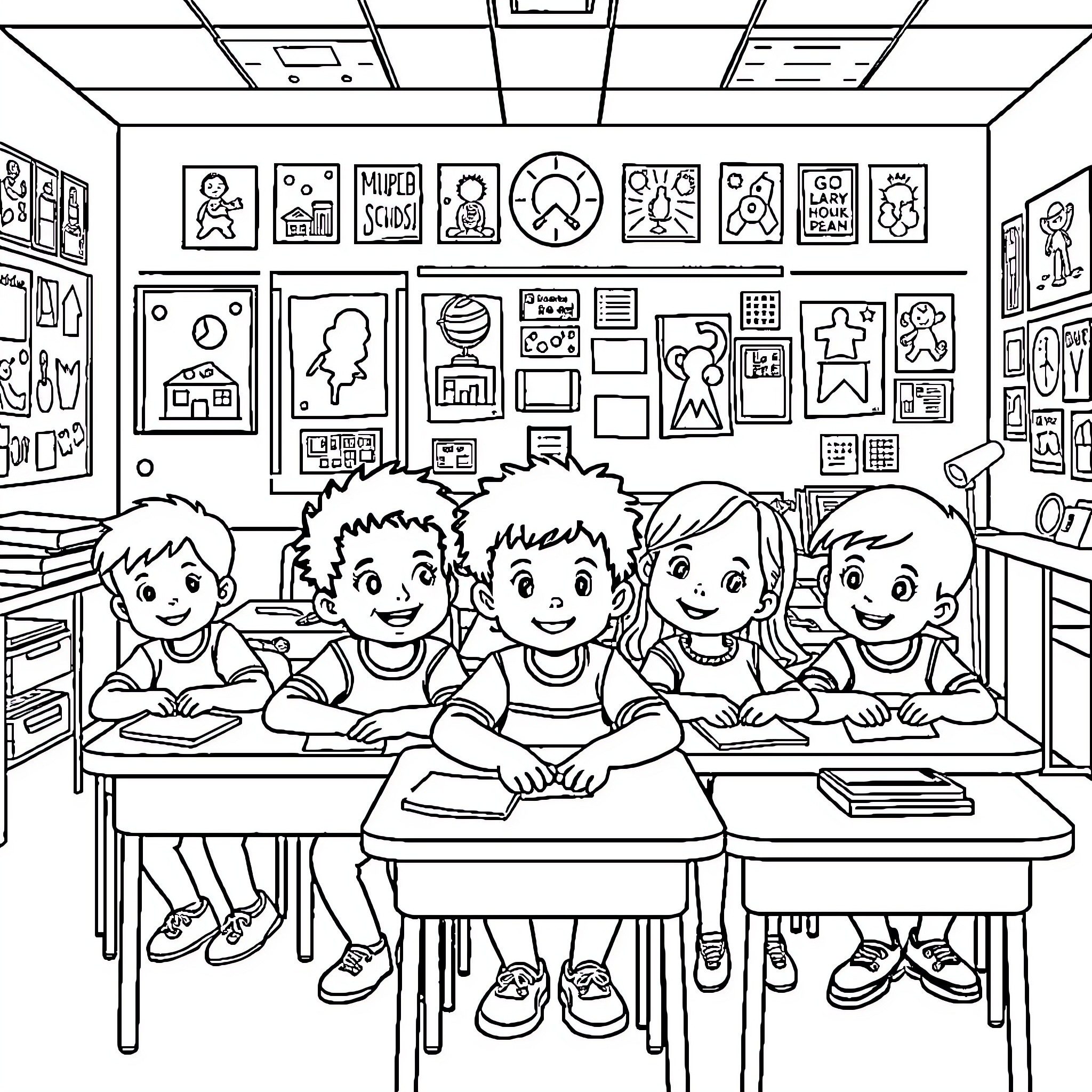 Kids studying and learning in a classroom Coloring Page (free black-and-white line drawing printable PDF for all, from beginners to advanced learners, including children, teens, adults, and seniors)