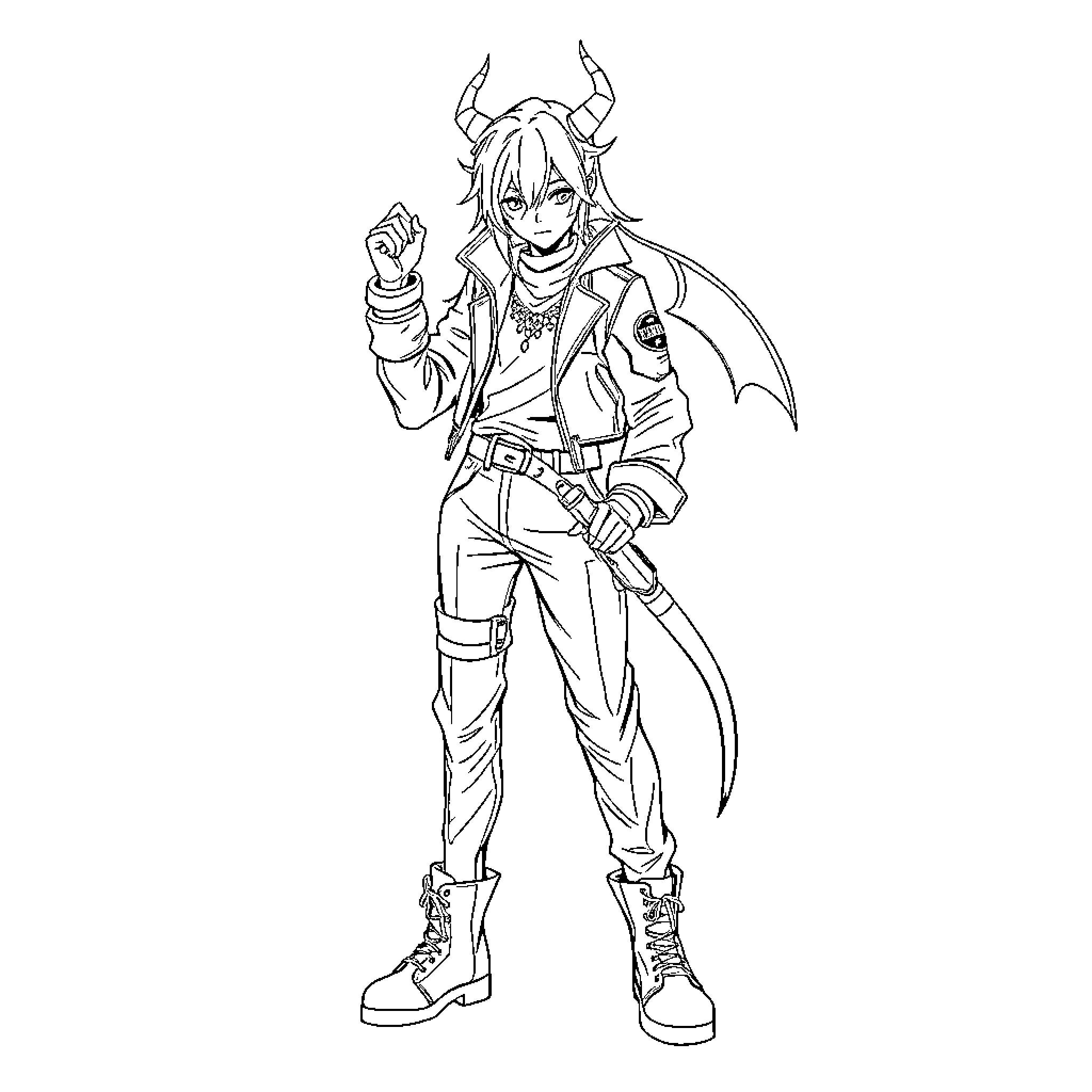 Demon Hunter in Action-Packed Pose Coloring Page (free black-and-white line drawing printable PDF for all, from beginners to advanced learners, including children, teens, adults, and seniors)