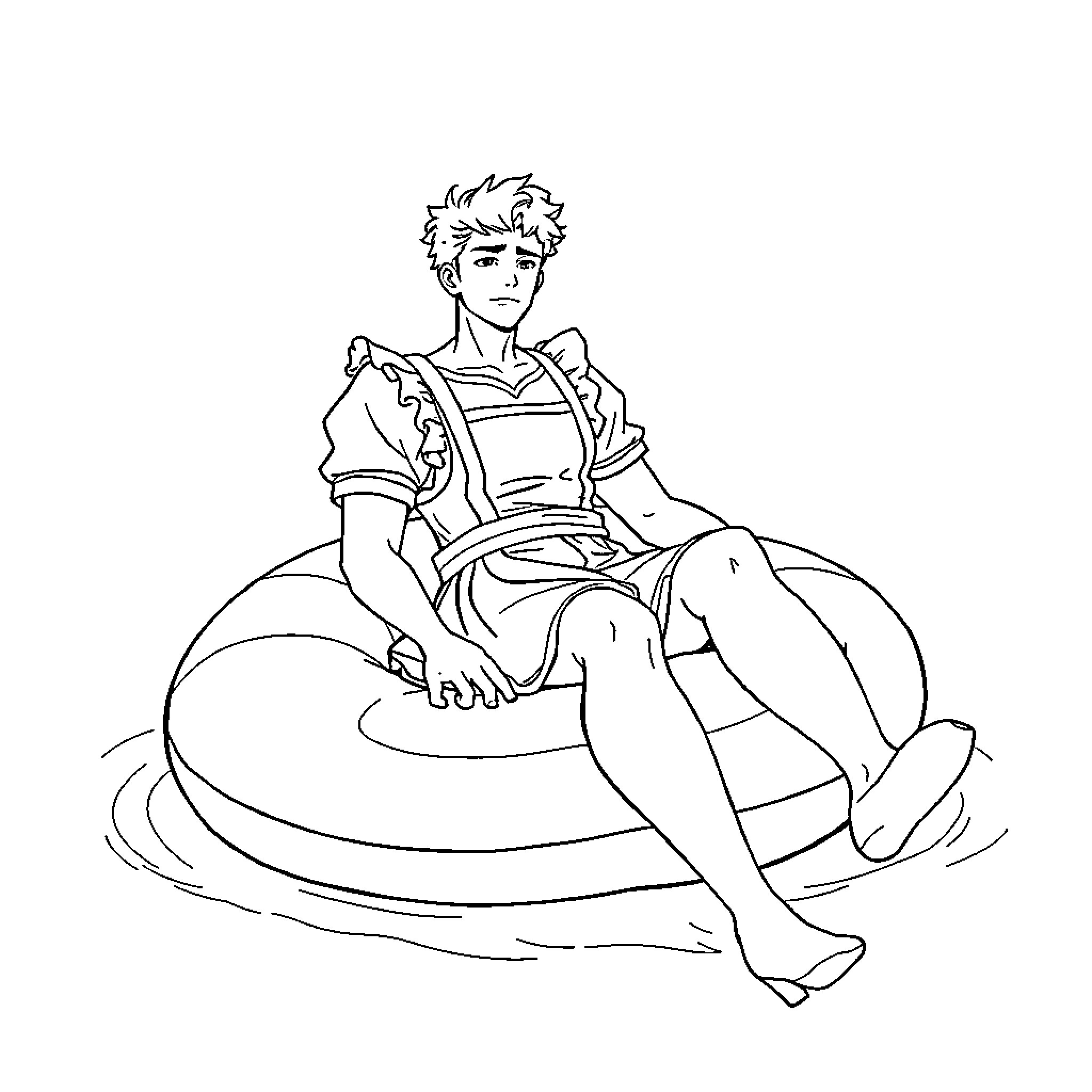 Man sitting comfortably on inflatable chair Coloring Page (free black-and-white line drawing printable PDF for all, from beginners to advanced learners, including children, teens, adults, and seniors)