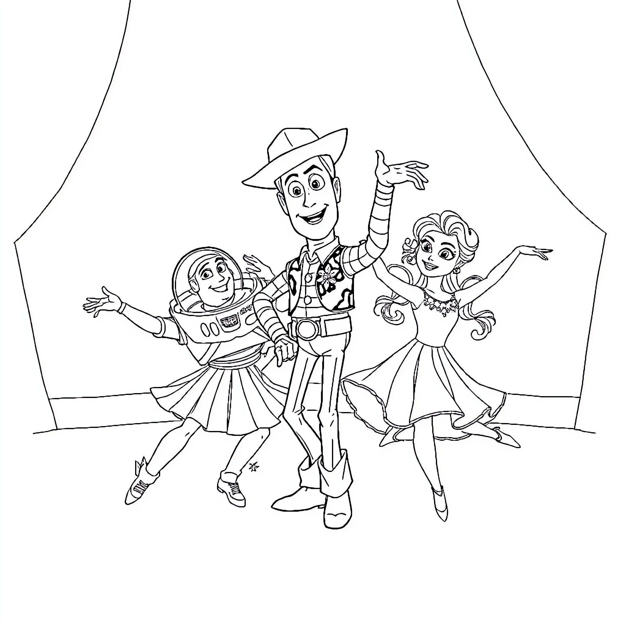 Toy Story Characters Enjoying Lively Dance Performance Coloring Page (free black-and-white line drawing printable PDF for all, from beginners to advanced learners, including children, teens, adults, and seniors)