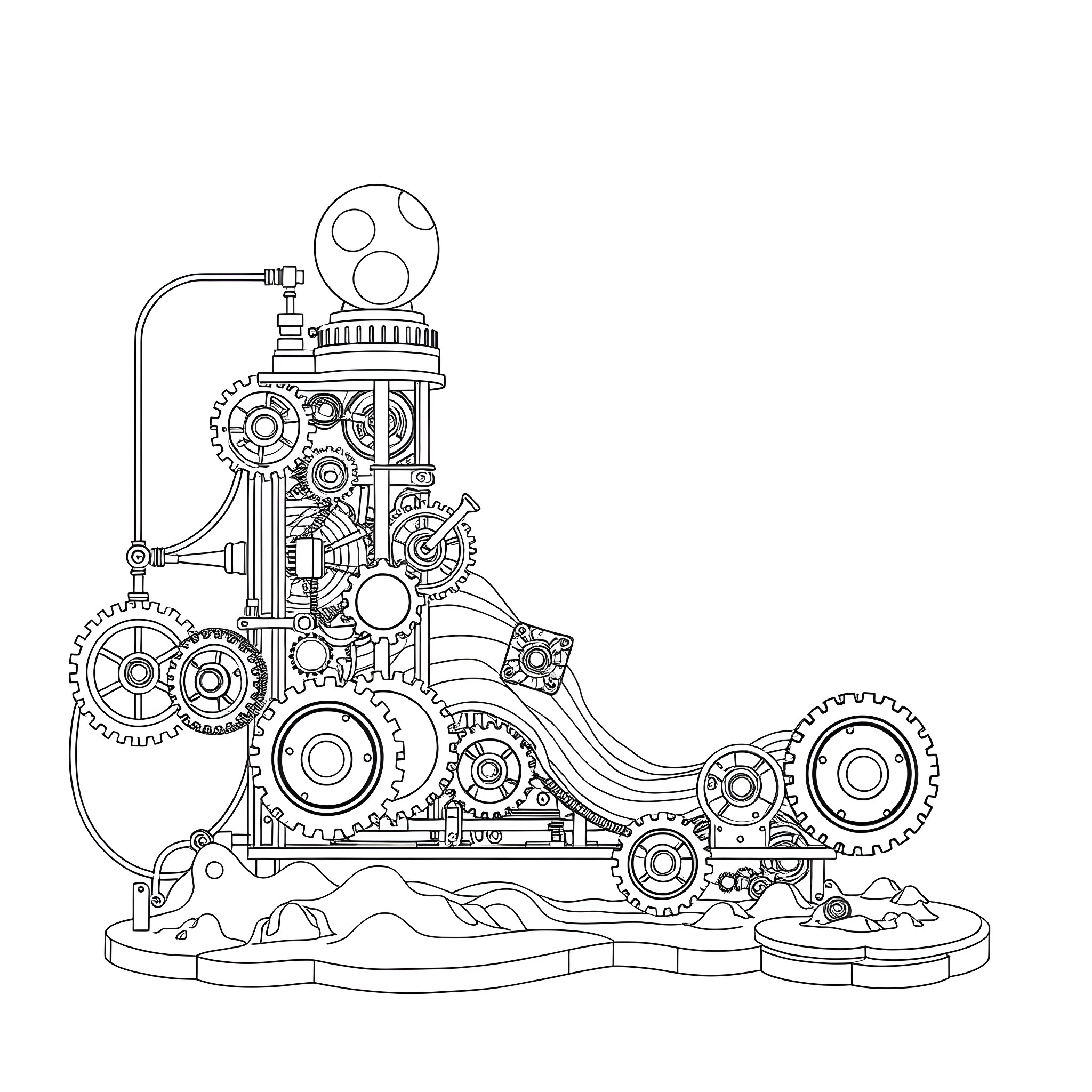 Rube Goldberg Machine with Intricate Mechanical Devices Coloring Page (free black-and-white line drawing printable PDF for all, from beginners to advanced learners, including children, teens, adults, and seniors)