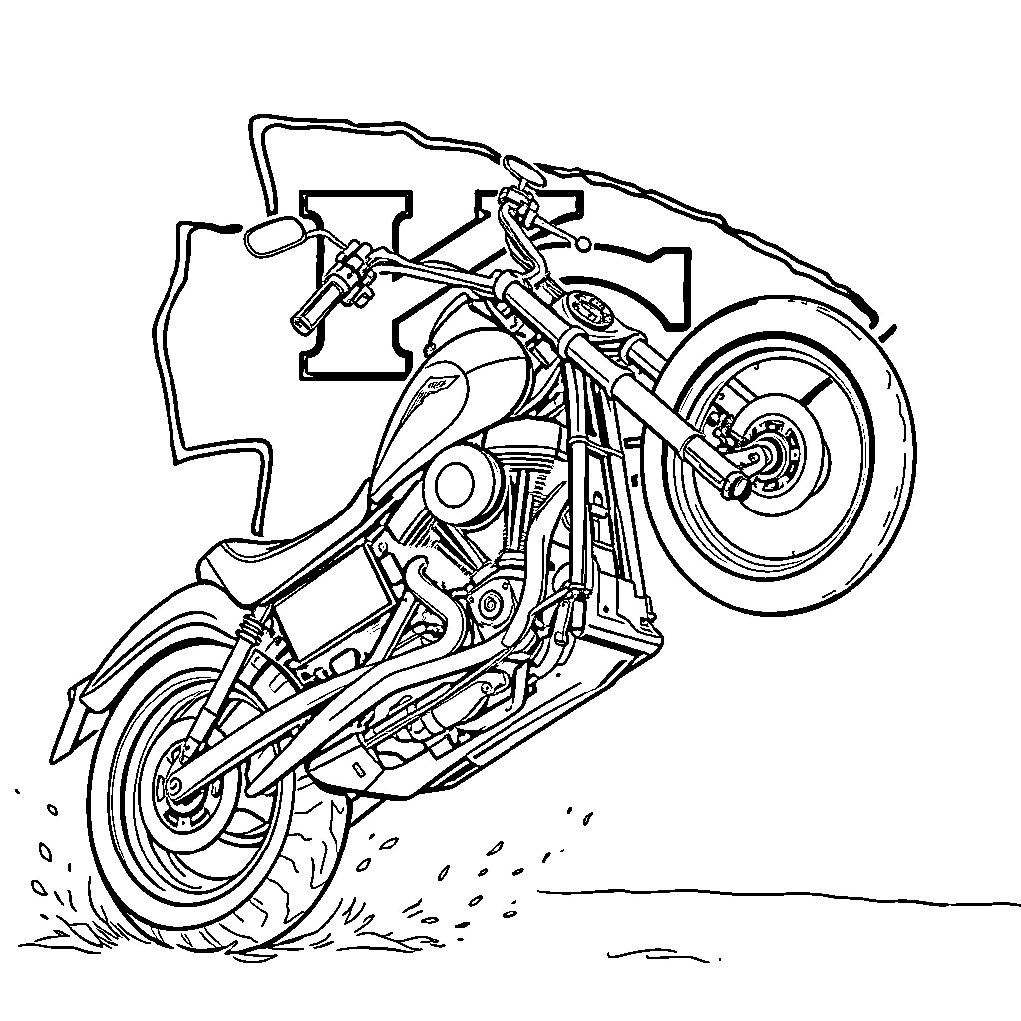 Harley Dyna stunt rider performing wheelie Coloring Page (free black-and-white line drawing printable PDF for all, from beginners to advanced learners, including children, teens, adults, and seniors)