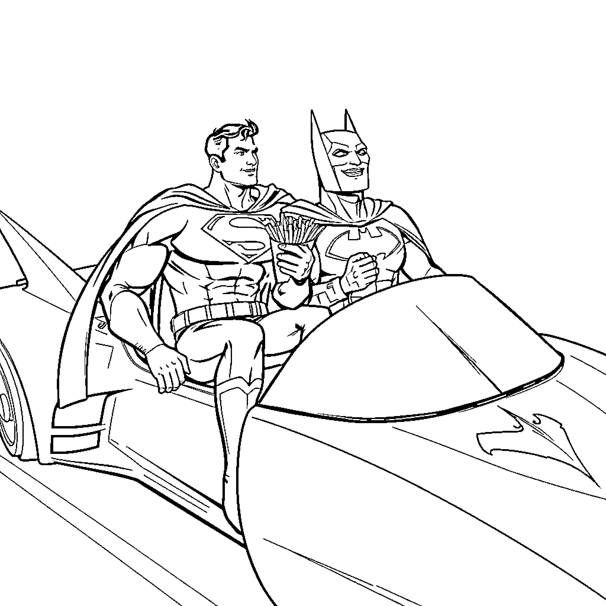 Superman and Batman in the Batmobile Coloring Page (free black-and-white line drawing printable PDF for all, from beginners to advanced learners, including children, teens, adults, and seniors)