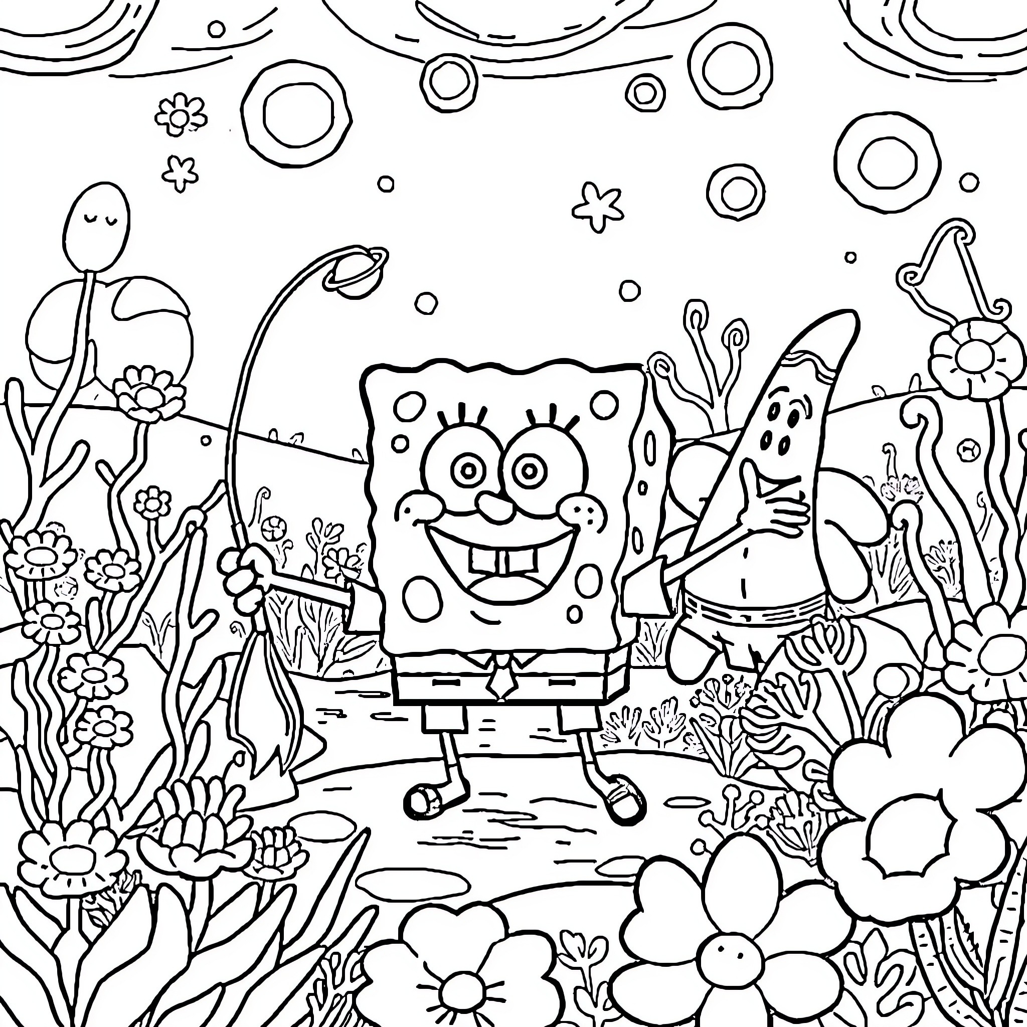 Spongebob's Underwater Adventure in a Colorful Seascape Coloring Page (free black-and-white line drawing printable PDF for all, from beginners to advanced learners, including children, teens, adults, and seniors)