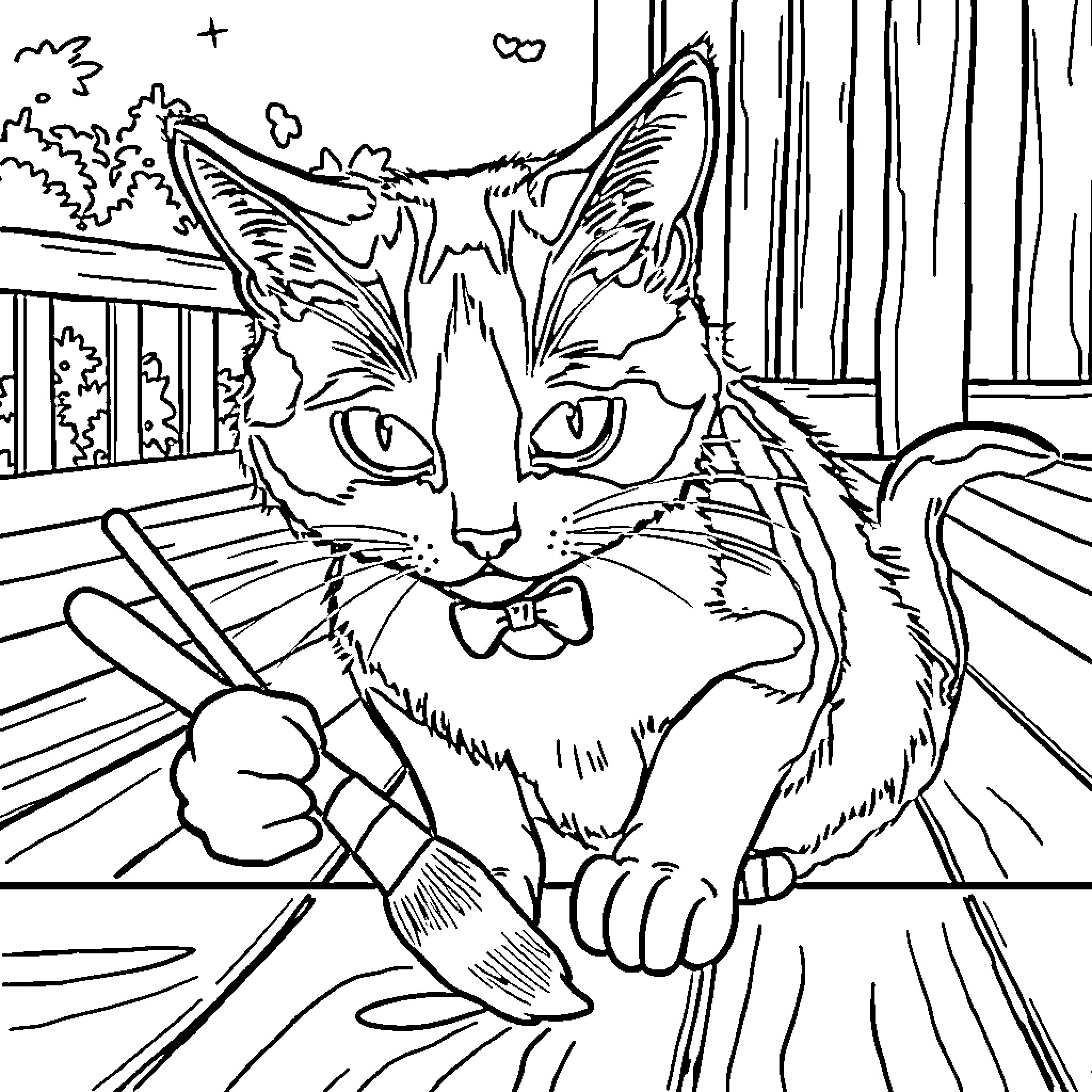 Tuxedo Cat Playfully Peeking Through Blinds Coloring Page (free black-and-white line drawing printable PDF for all, from beginners to advanced learners, including children, teens, adults, and seniors)