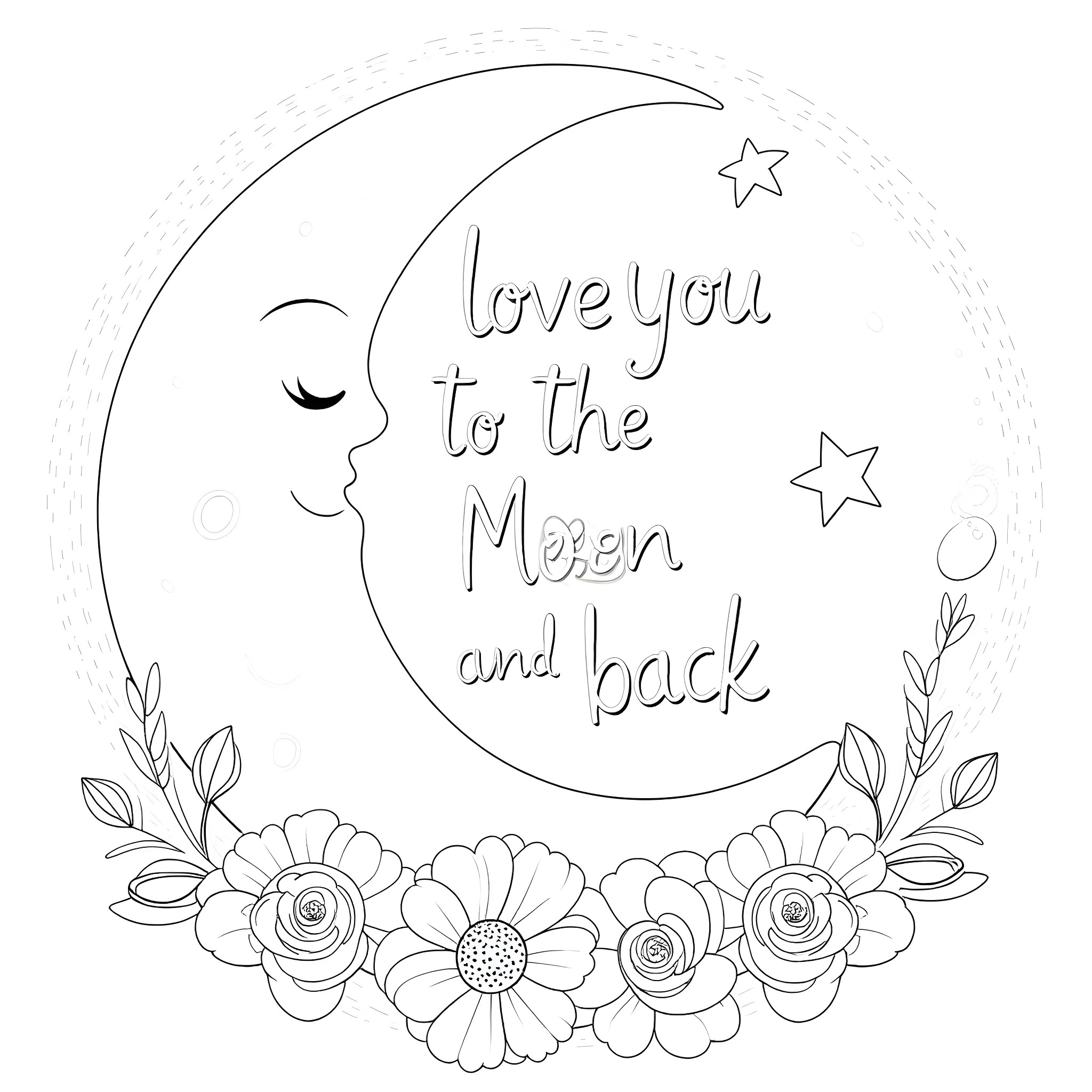 Flower Illustration with Loving Message Coloring Page (free black-and-white line drawing printable PDF for all, from beginners to advanced learners, including children, teens, adults, and seniors)