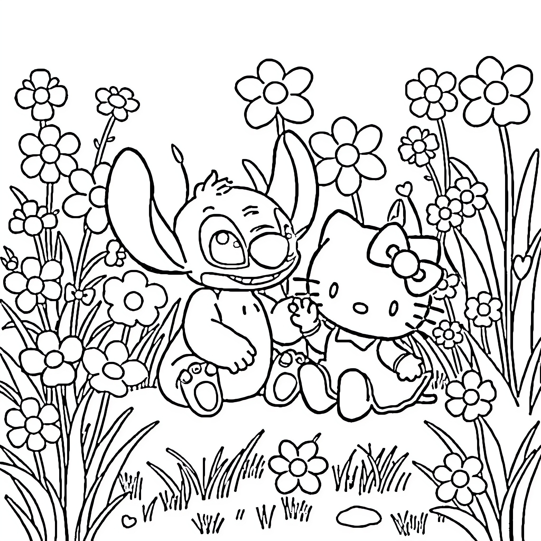 Stitch and friends explore a flower-filled meadow Coloring Page (free black-and-white line drawing printable PDF for all, from beginners to advanced learners, including children, teens, adults, and seniors)