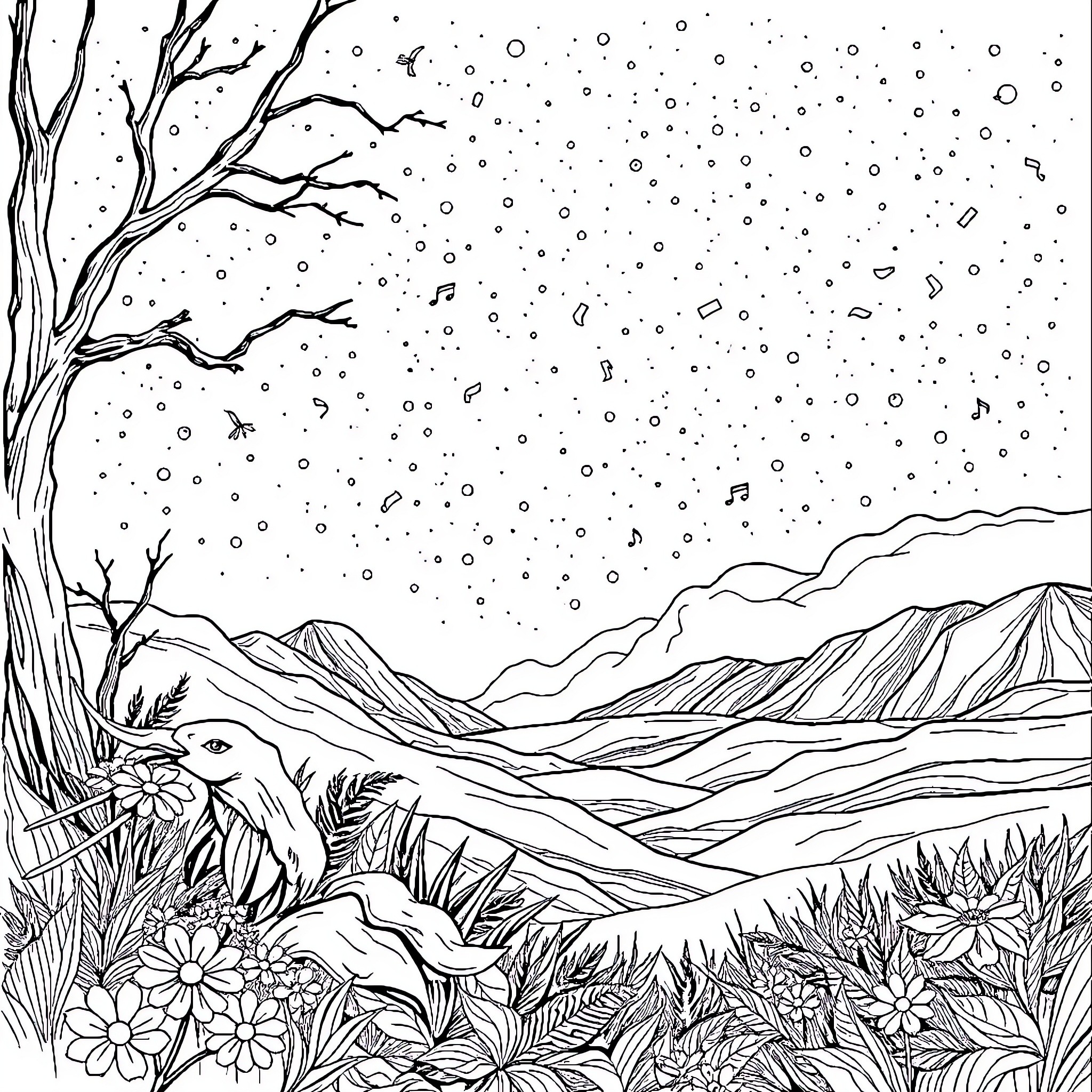 Sound of Winter Wonderland Coloring Page (free black-and-white line drawing printable PDF for all, from beginners to advanced learners, including children, teens, adults, and seniors)