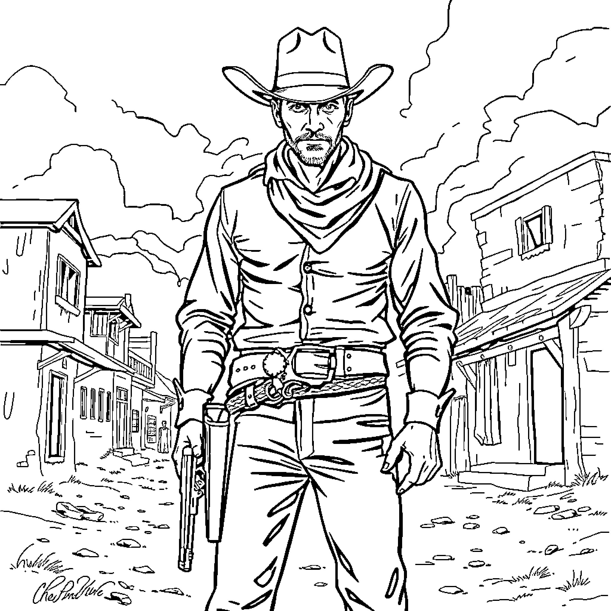 Cowboy standing tall in the Wild West town Coloring Page (free black-and-white line drawing printable PDF for all, from beginners to advanced learners, including children, teens, adults, and seniors)