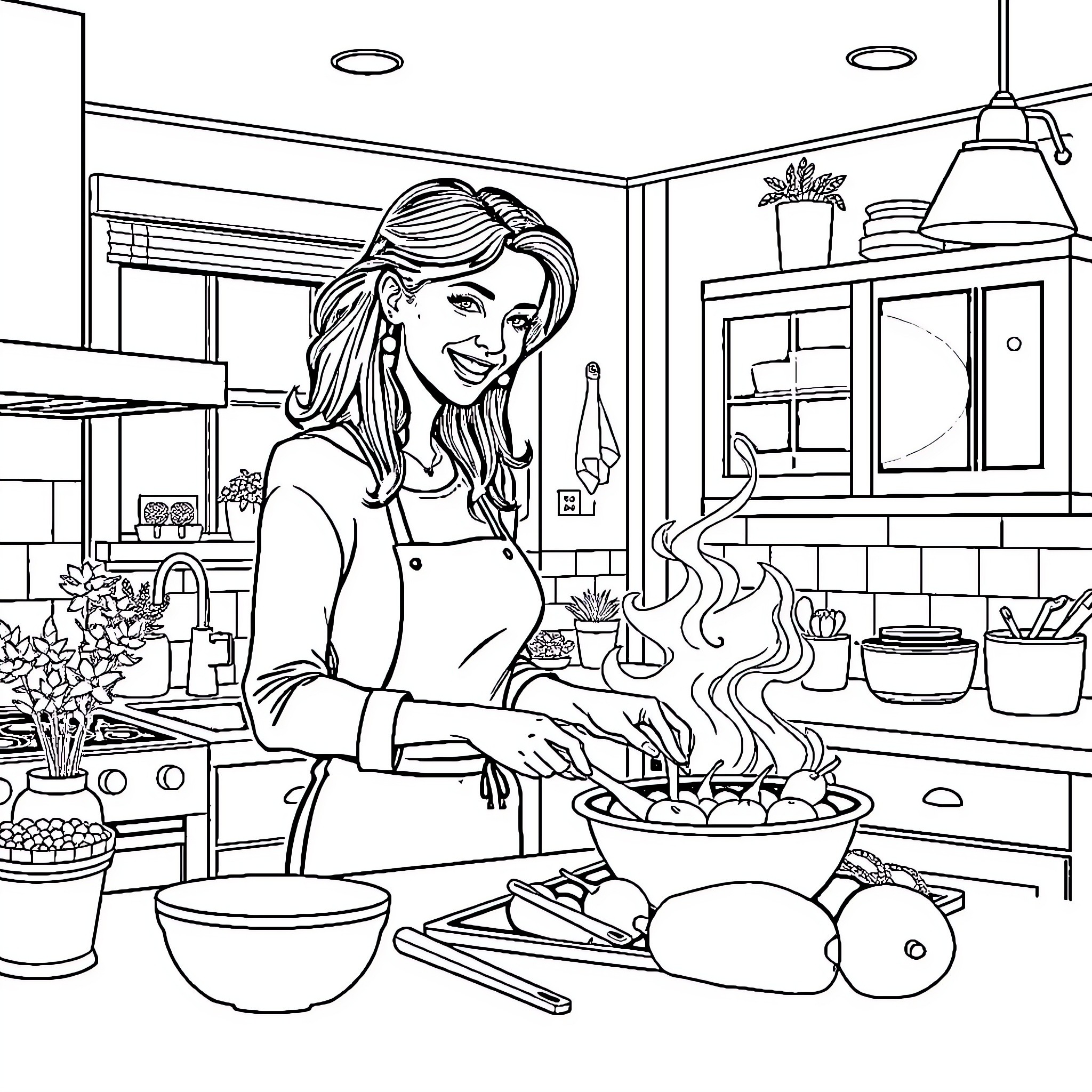 Woman cooking a meal in the kitchen Coloring Page (free black-and-white line drawing printable PDF for all, from beginners to advanced learners, including children, teens, adults, and seniors)