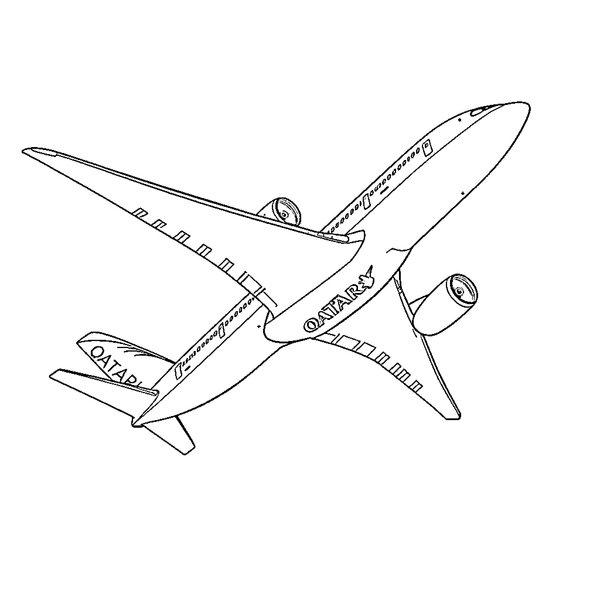 Qatar Airways commercial aircraft in flight Coloring Page (free black-and-white line drawing printable PDF for all, from beginners to advanced learners, including children, teens, adults, and seniors)
