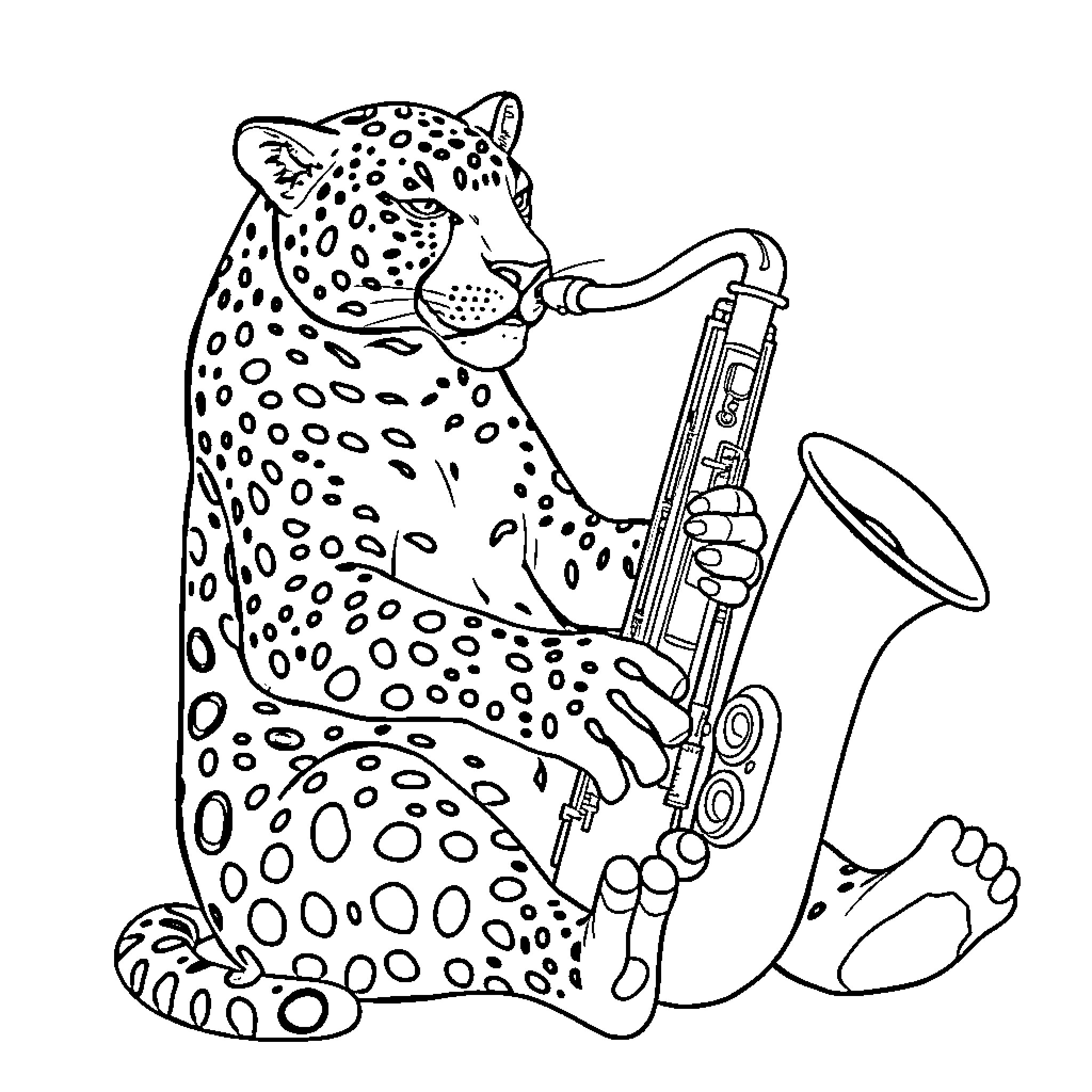 Jaguar playing jazz saxophone Coloring Page (free black-and-white line drawing printable PDF for all, from beginners to advanced learners, including children, teens, adults, and seniors)