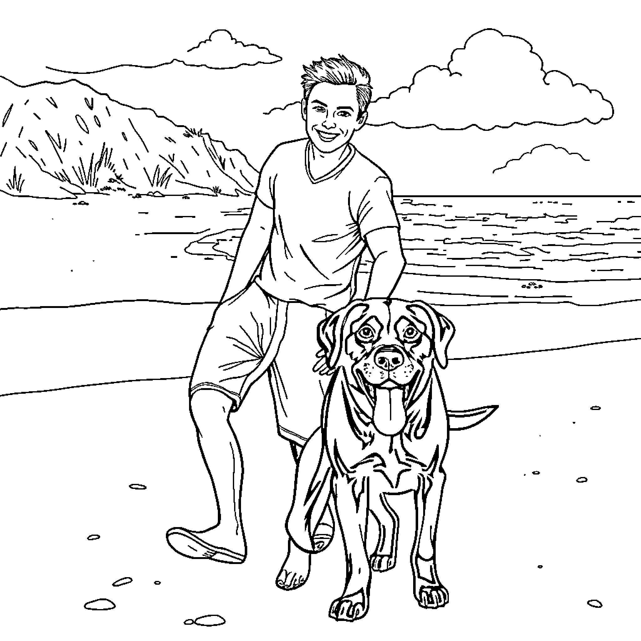 Labrador companion exploring beach with owner Coloring Page (free black-and-white line drawing printable PDF for all, from beginners to advanced learners, including children, teens, adults, and seniors)