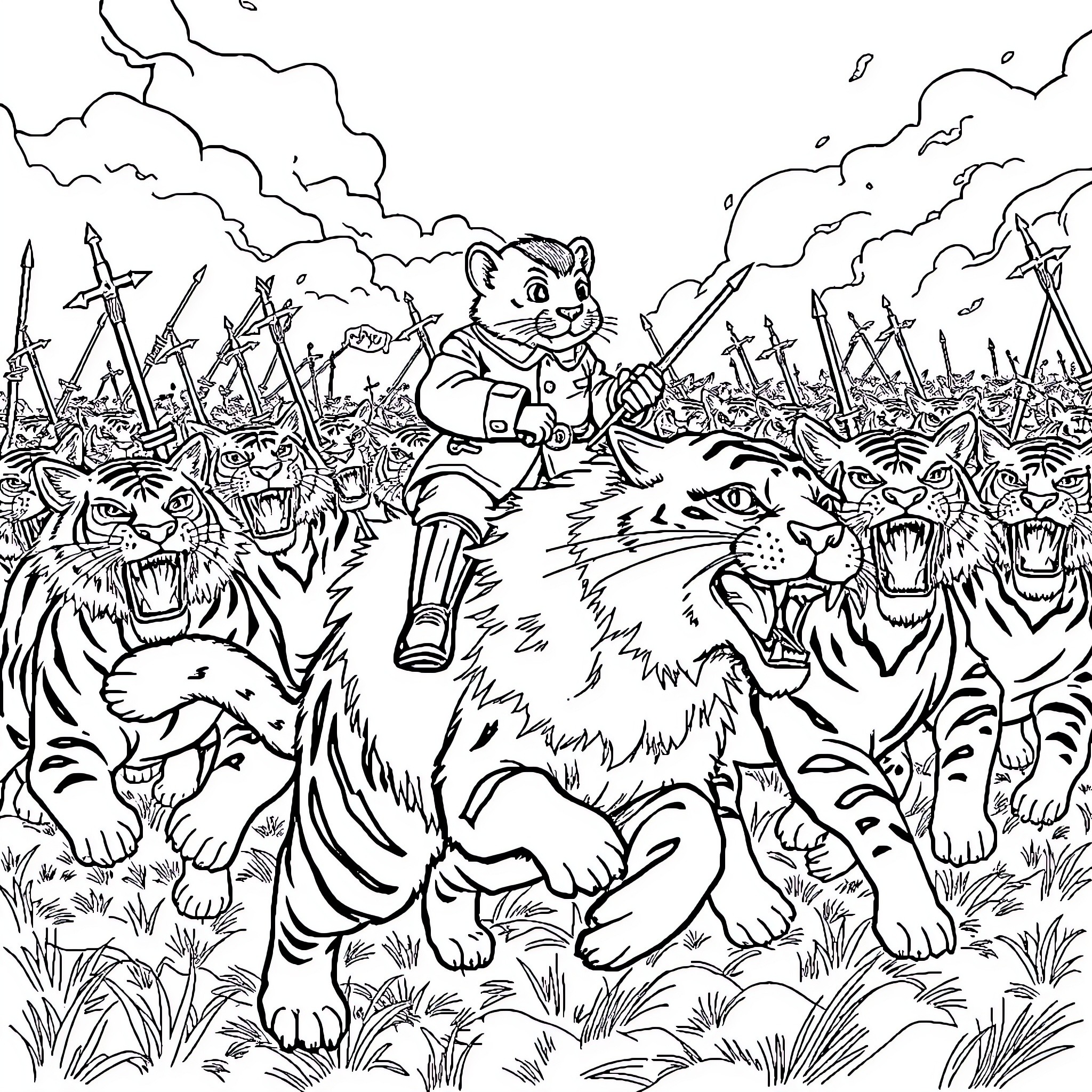 Gerbil leading a pack of fierce tigers Coloring Page (free black-and-white line drawing printable PDF for all, from beginners to advanced learners, including children, teens, adults, and seniors)