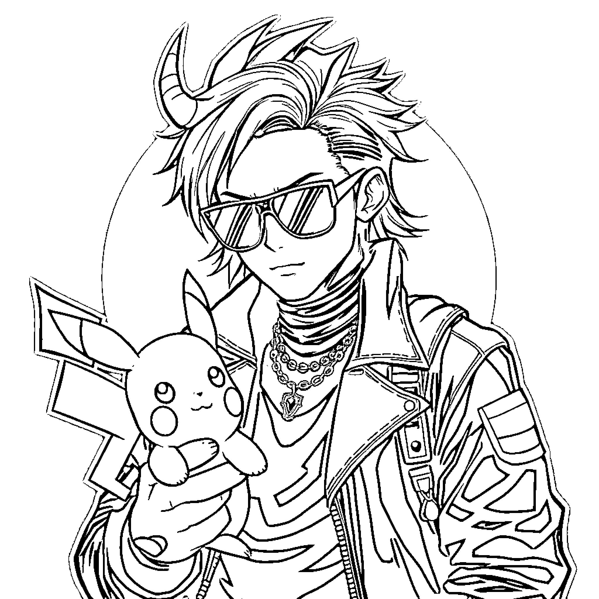 Demon Hunter with Punk Attire and Cute Companion Coloring Page (free black-and-white line drawing printable PDF for all, from beginners to advanced learners, including children, teens, adults, and seniors)