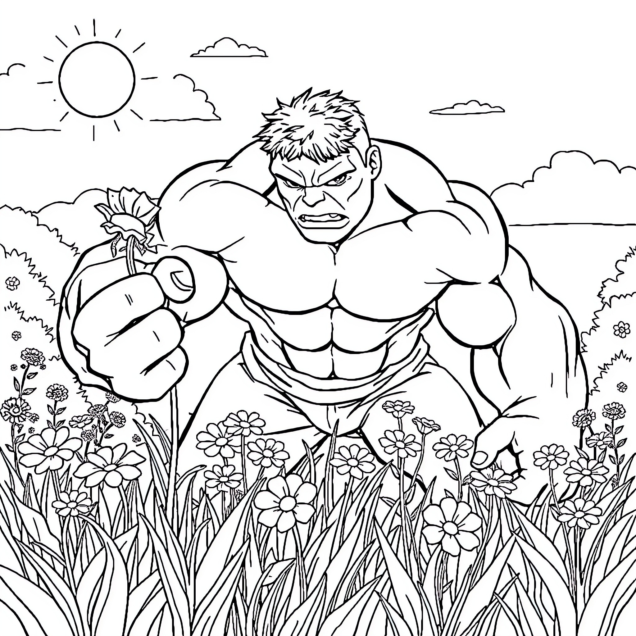 Hulk smashing through the garden Coloring Page (free black-and-white line drawing printable PDF for all, from beginners to advanced learners, including children, teens, adults, and seniors)