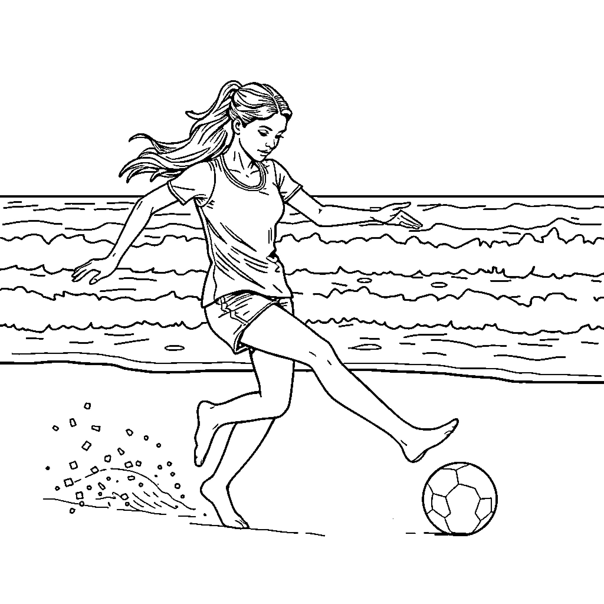 Footballer enjoying a sunny day at the beach Coloring Page (free black-and-white line drawing printable PDF for all, from beginners to advanced learners, including children, teens, adults, and seniors)