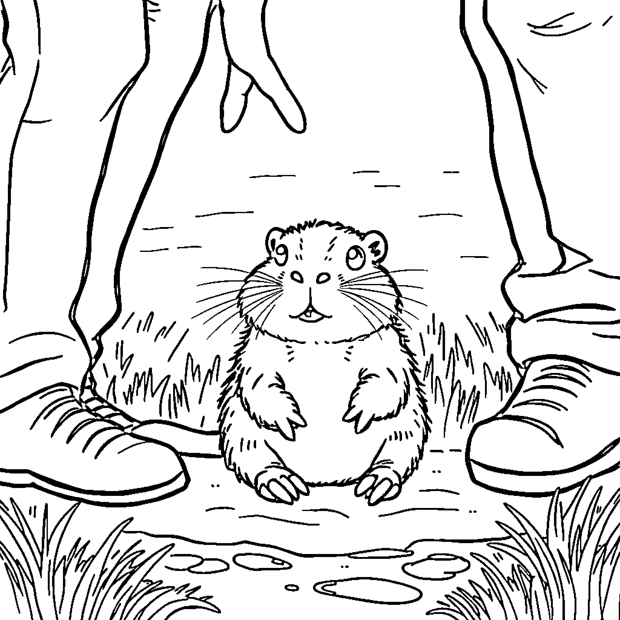 Musk Rat exploring the outdoors Coloring Page (free black-and-white line drawing printable PDF for all, from beginners to advanced learners, including children, teens, adults, and seniors)