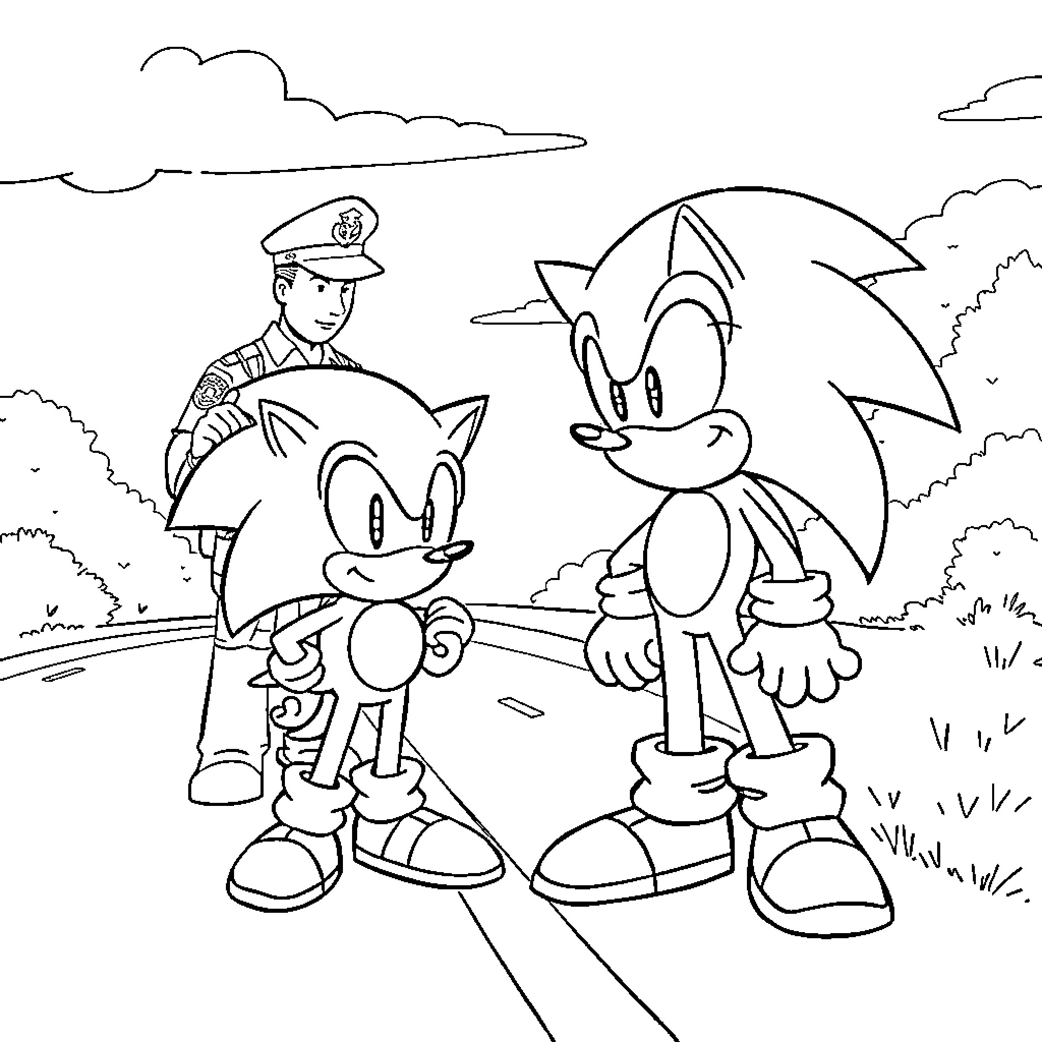 Sonic and friend meet a police officer on the road Coloring Page (free black-and-white line drawing printable PDF for all, from beginners to advanced learners, including children, teens, adults, and seniors)