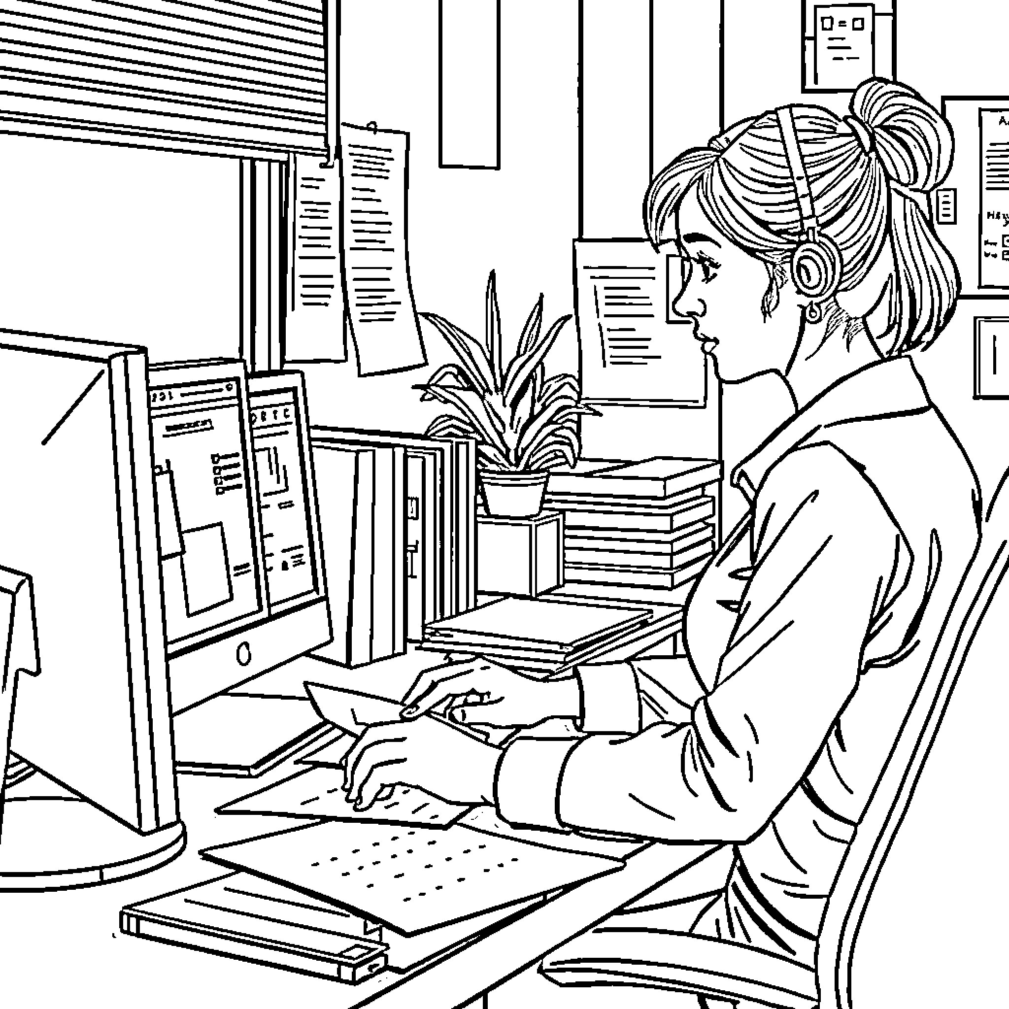 Coworker working diligently at computer in office Coloring Page (free black-and-white line drawing printable PDF for all, from beginners to advanced learners, including children, teens, adults, and seniors)