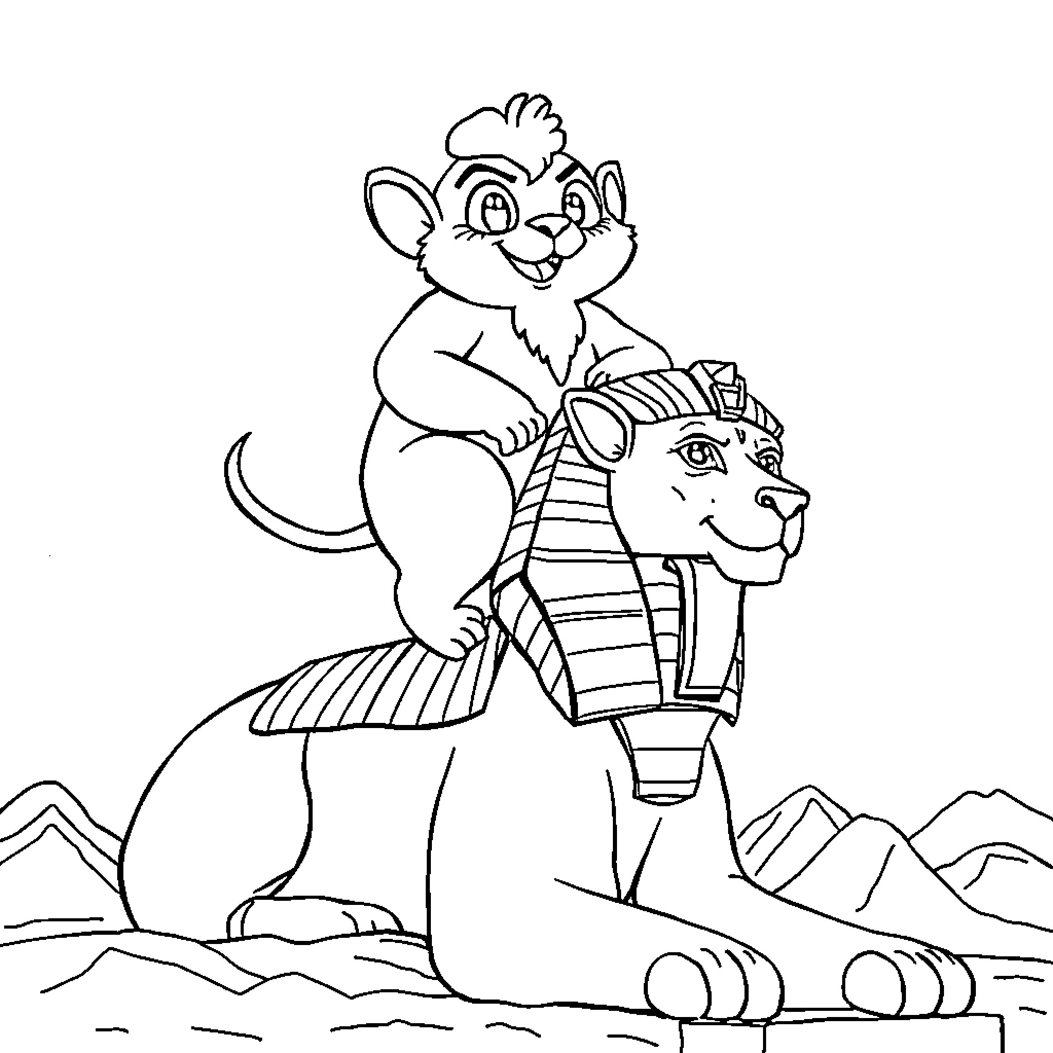 Labubu riding a friendly ancient creature Coloring Page (free black-and-white line drawing printable PDF for all, from beginners to advanced learners, including children, teens, adults, and seniors)