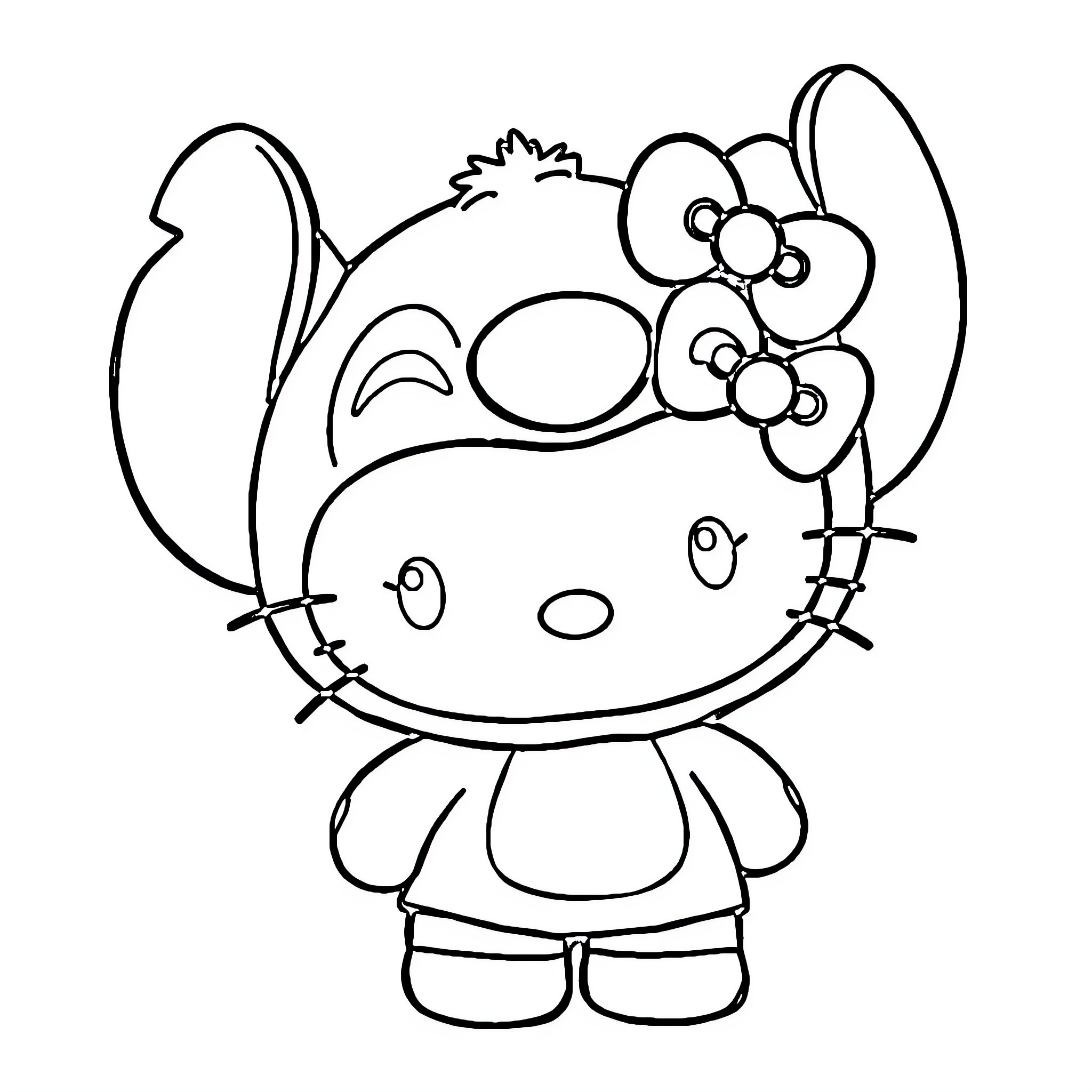 Hello Kitty in a playful pose Coloring Page (free black-and-white line drawing printable PDF for all, from beginners to advanced learners, including children, teens, adults, and seniors)