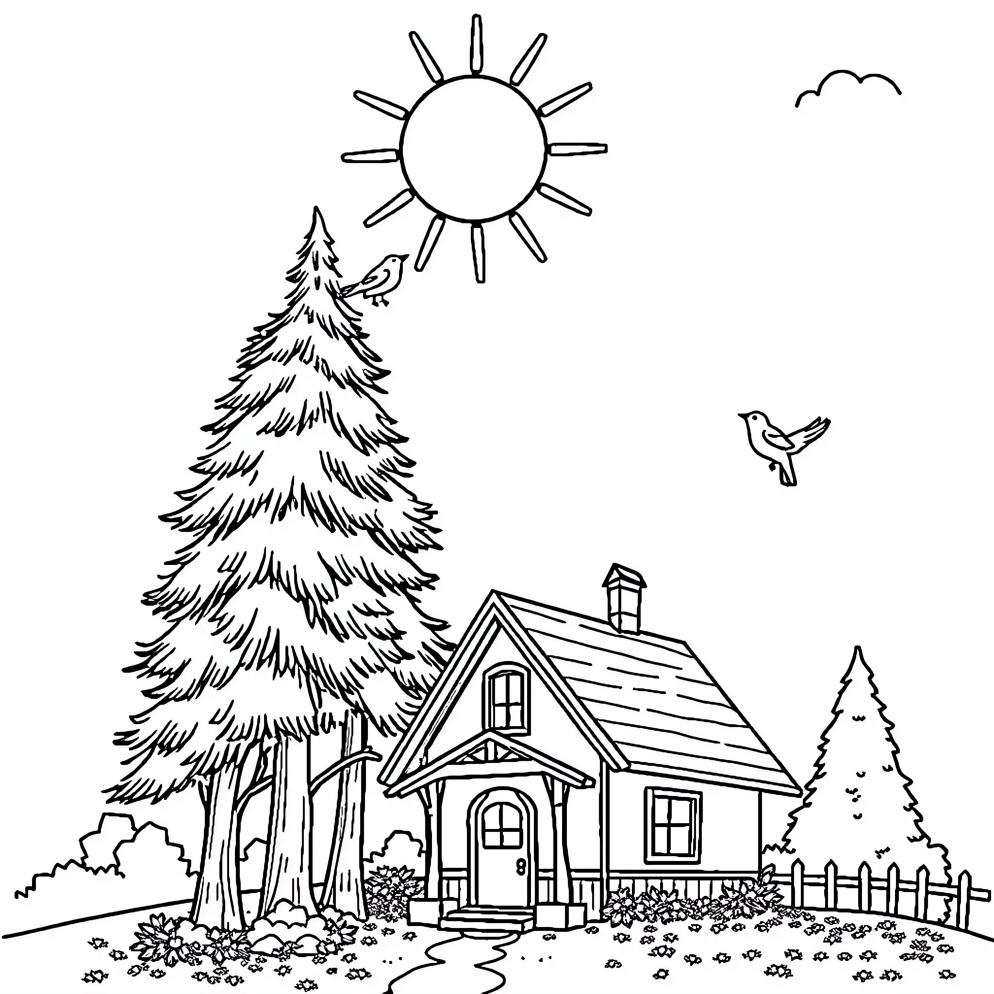 Sun shining over cozy cabin in the woods Coloring Page (free black-and-white line drawing printable PDF for all, from beginners to advanced learners, including children, teens, adults, and seniors)