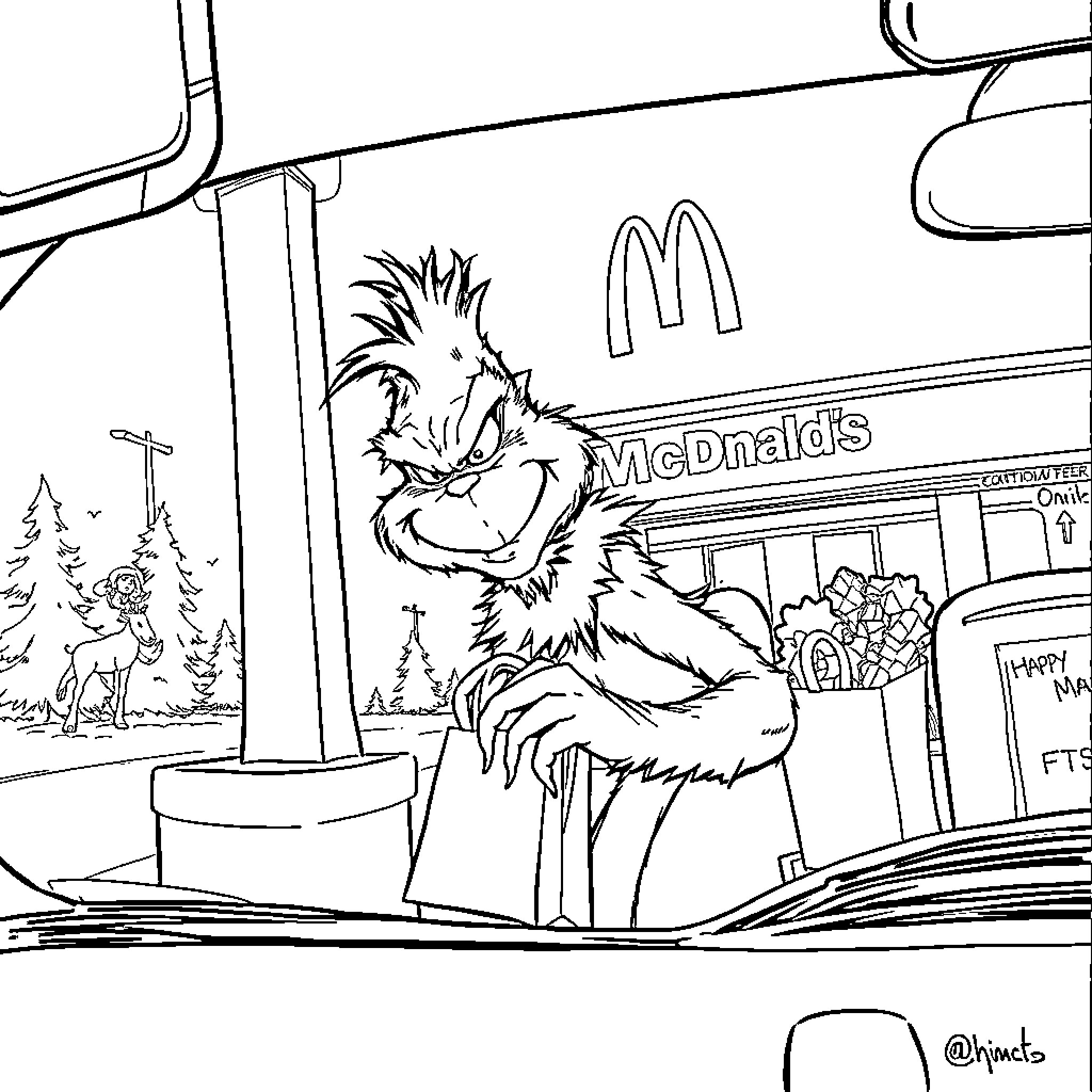 Grinch in a mischievous mood at McDonald's Coloring Page (free black-and-white line drawing printable PDF for all, from beginners to advanced learners, including children, teens, adults, and seniors)