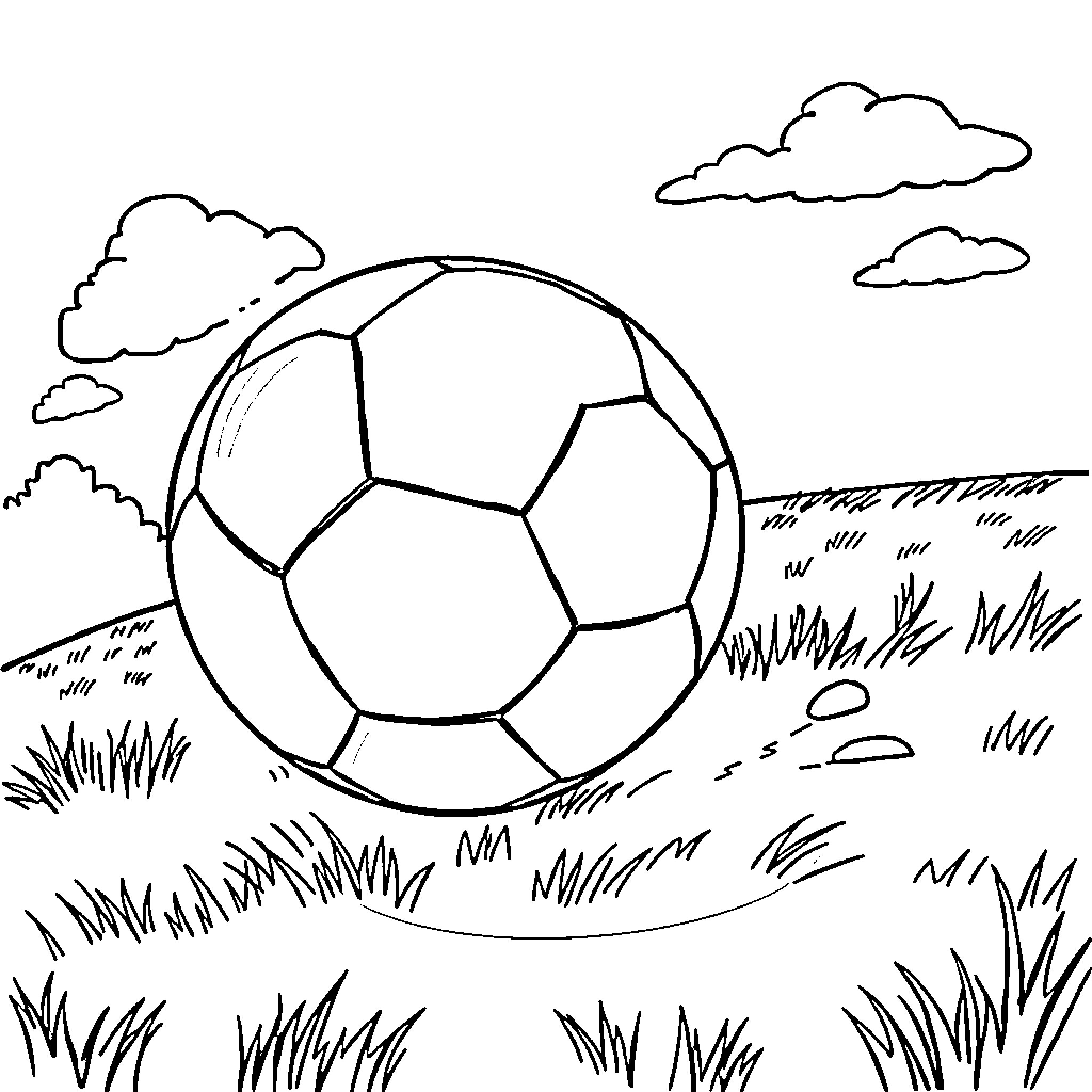 Ball in the Grassy Field with Clouds Coloring Page (free black-and-white line drawing printable PDF for all, from beginners to advanced learners, including children, teens, adults, and seniors)
