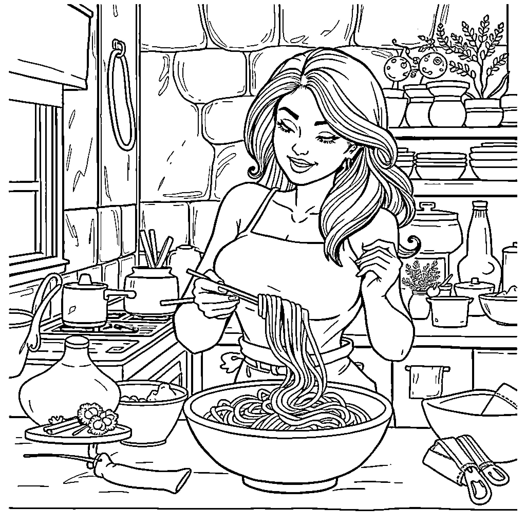 Woman cooking in a cozy kitchen Coloring Page (free black-and-white line drawing printable PDF for all, from beginners to advanced learners, including children, teens, adults, and seniors)