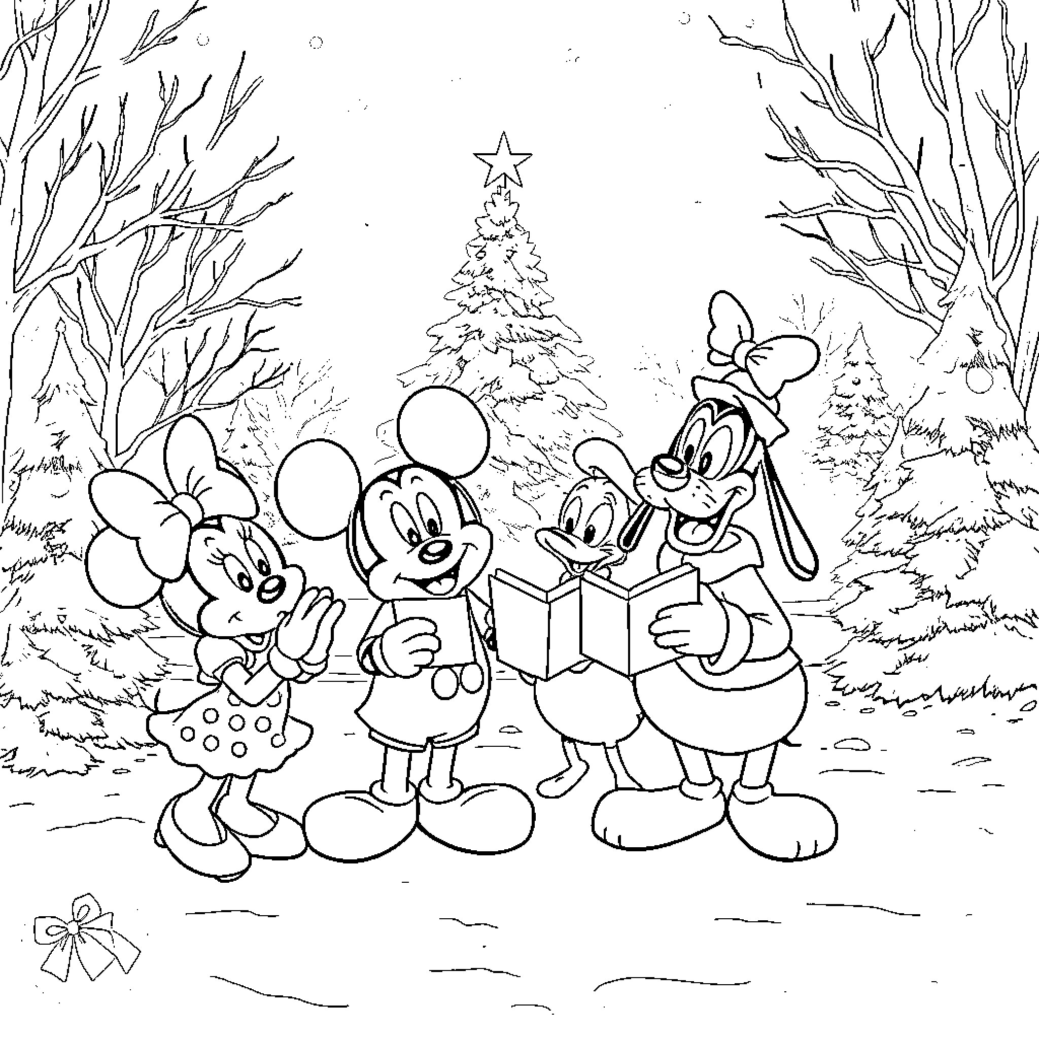 Mickey Mouse and friends celebrate Christmas in the forest Coloring Page (free black-and-white line drawing printable PDF for all, from beginners to advanced learners, including children, teens, adults, and seniors)