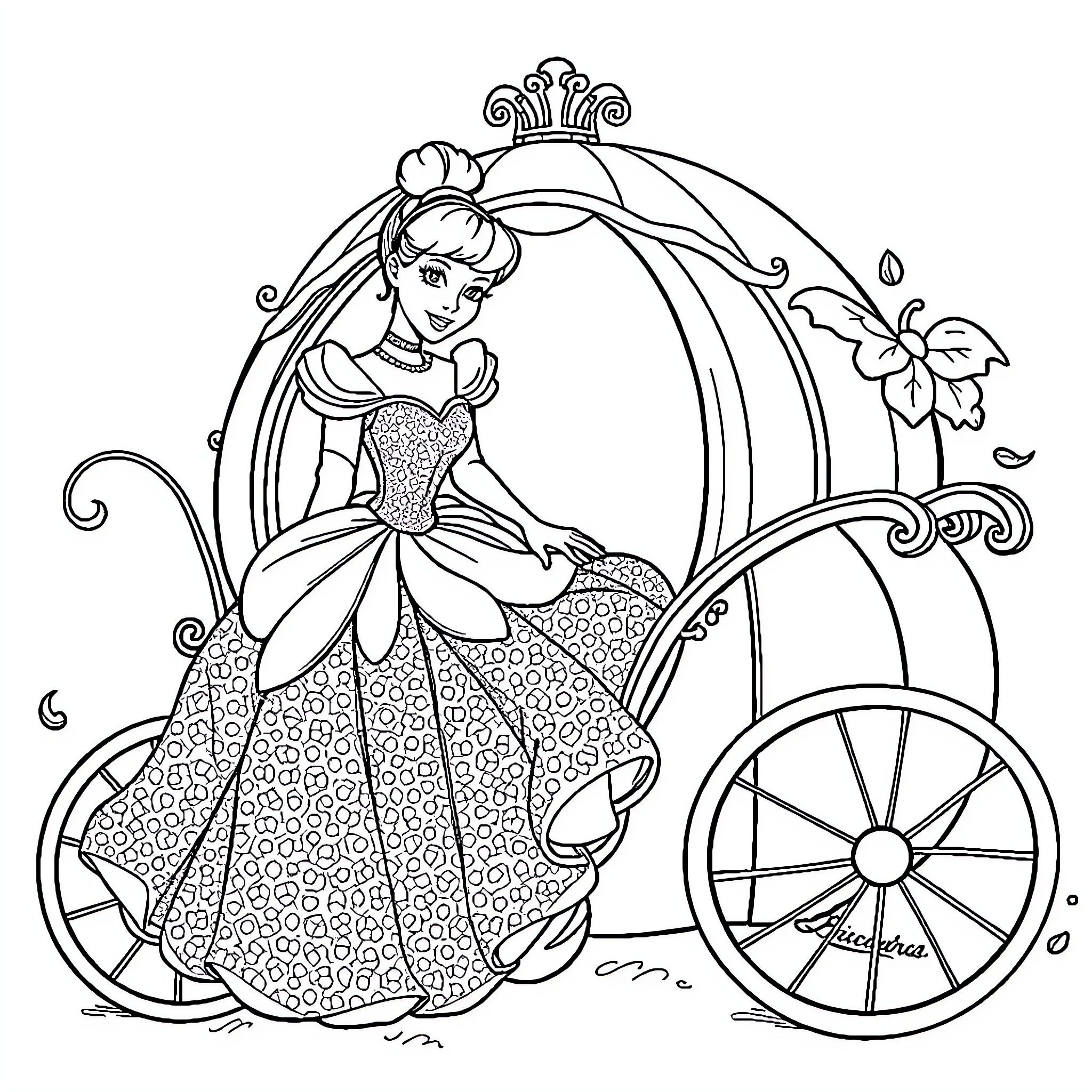 Cinderella riding in a decorated carriage Coloring Page (free black-and-white line drawing printable PDF for all, from beginners to advanced learners, including children, teens, adults, and seniors)