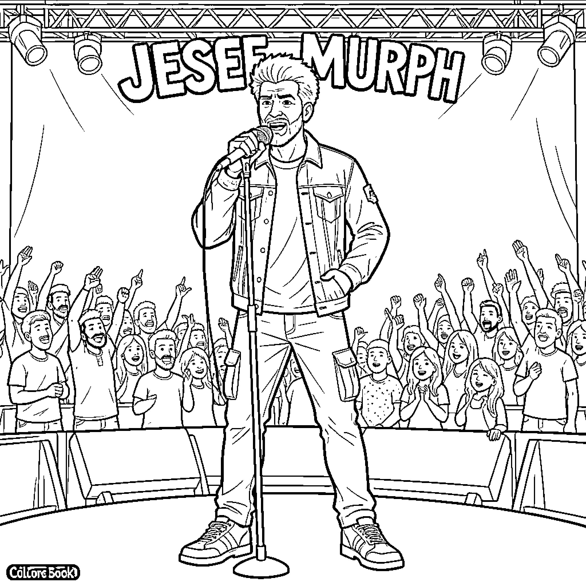 Jesse Murph Performing on Stage with Enthusiastic Crowd Coloring Page (free black-and-white line drawing printable PDF for all, from beginners to advanced learners, including children, teens, adults, and seniors)