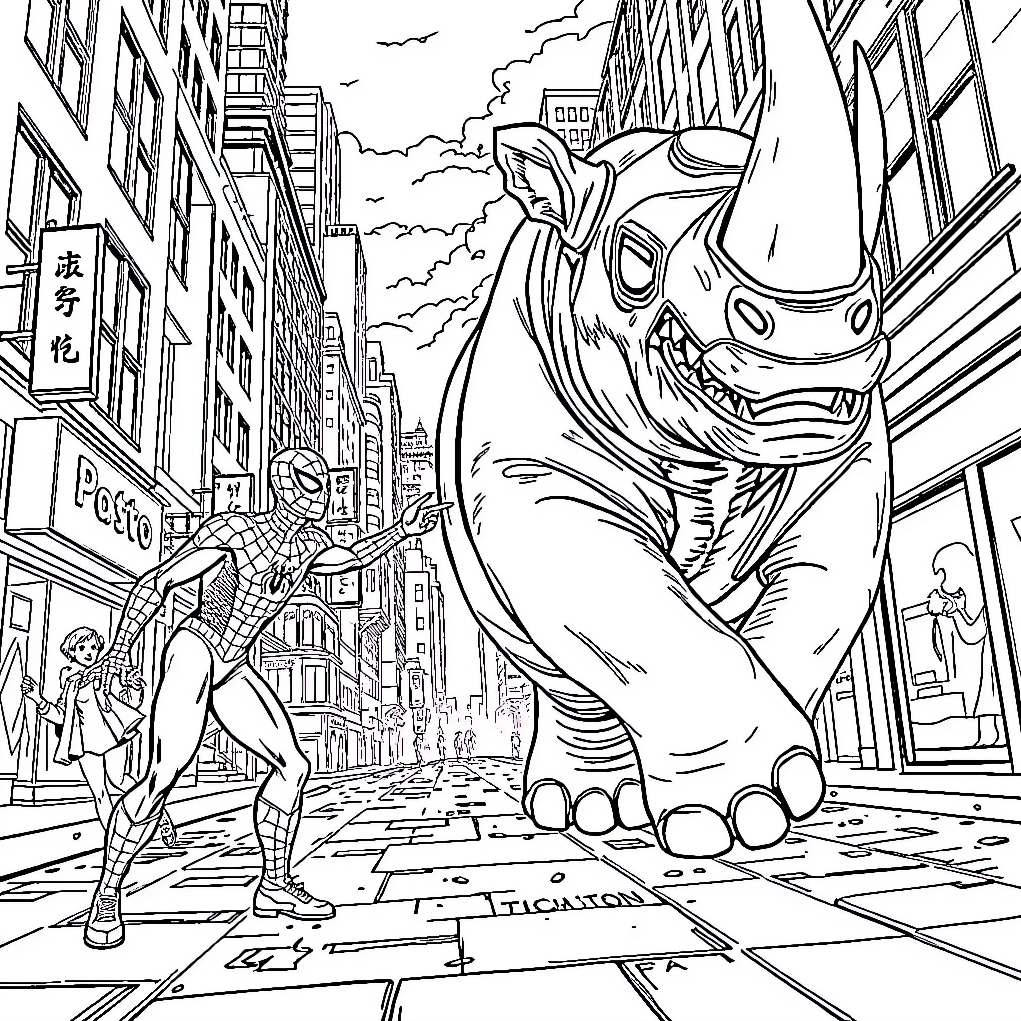 Spidey Battles Giant Rhino Monster in City Streets Coloring Page (free black-and-white line drawing printable PDF for all, from beginners to advanced learners, including children, teens, adults, and seniors)