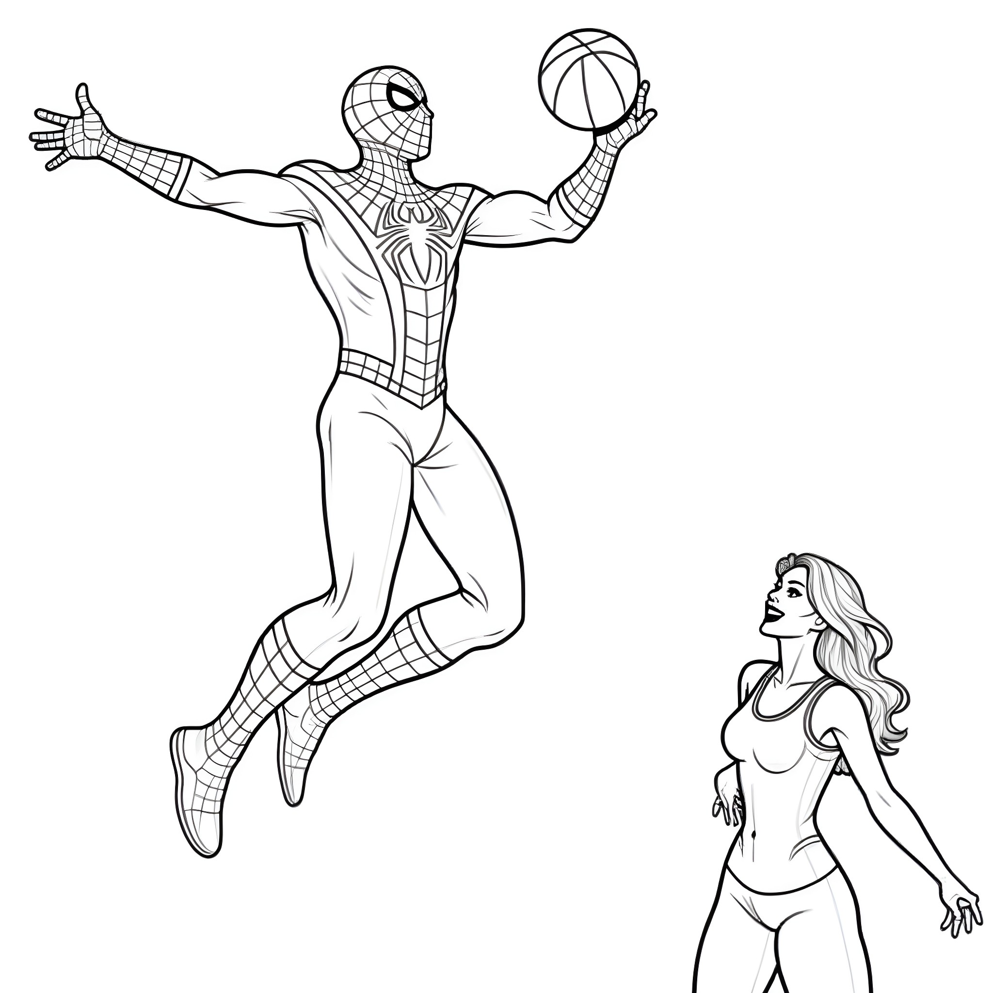 Spiderman jumping with basketball in action pose Coloring Page (free black-and-white line drawing printable PDF for all, from beginners to advanced learners, including children, teens, adults, and seniors)